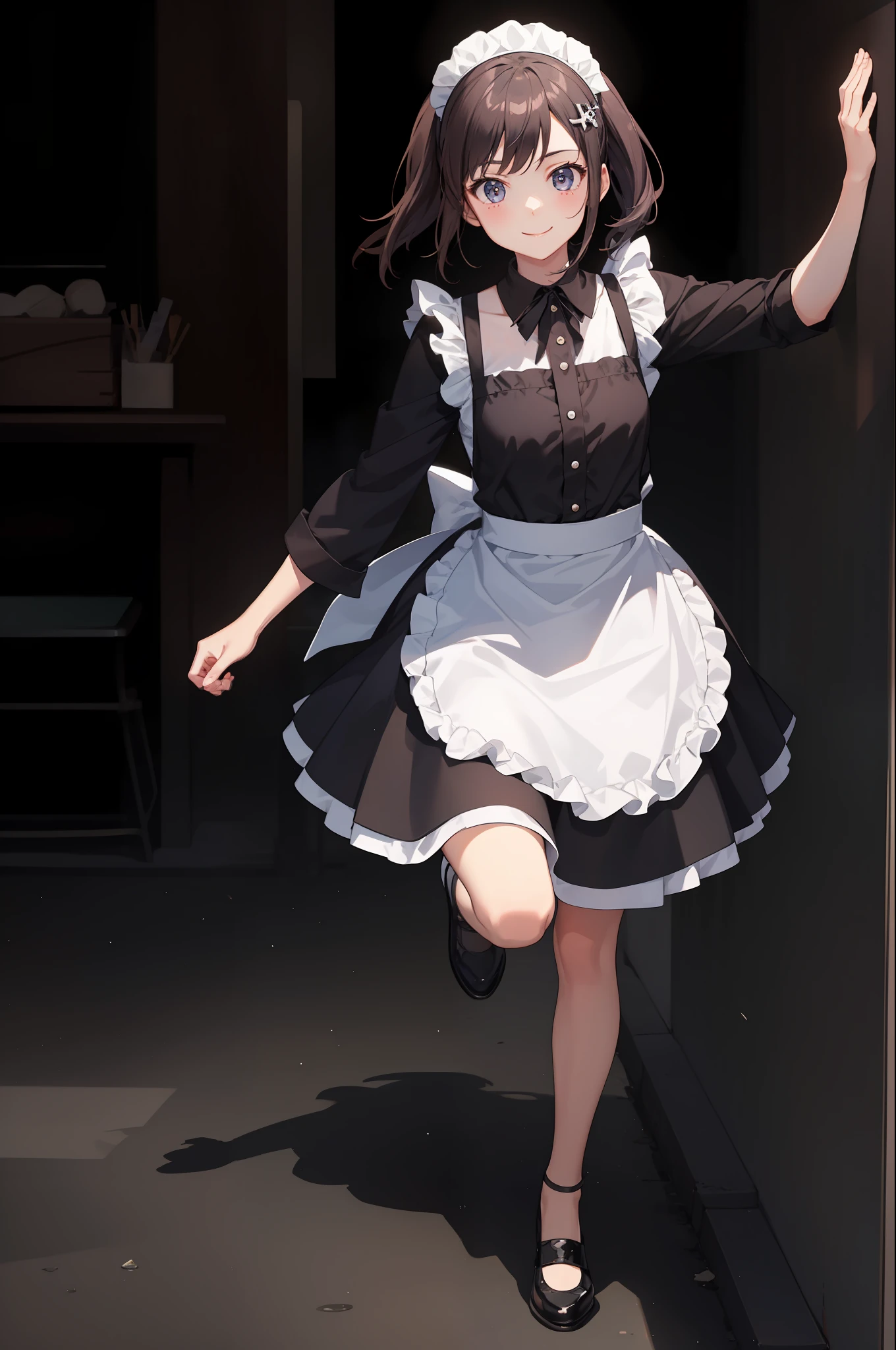 1 girl, smiling, skirt, (small) chillerism, dress, apron,,,,,,、 maid,,,,,,,,、 hair ornament, running briskly,