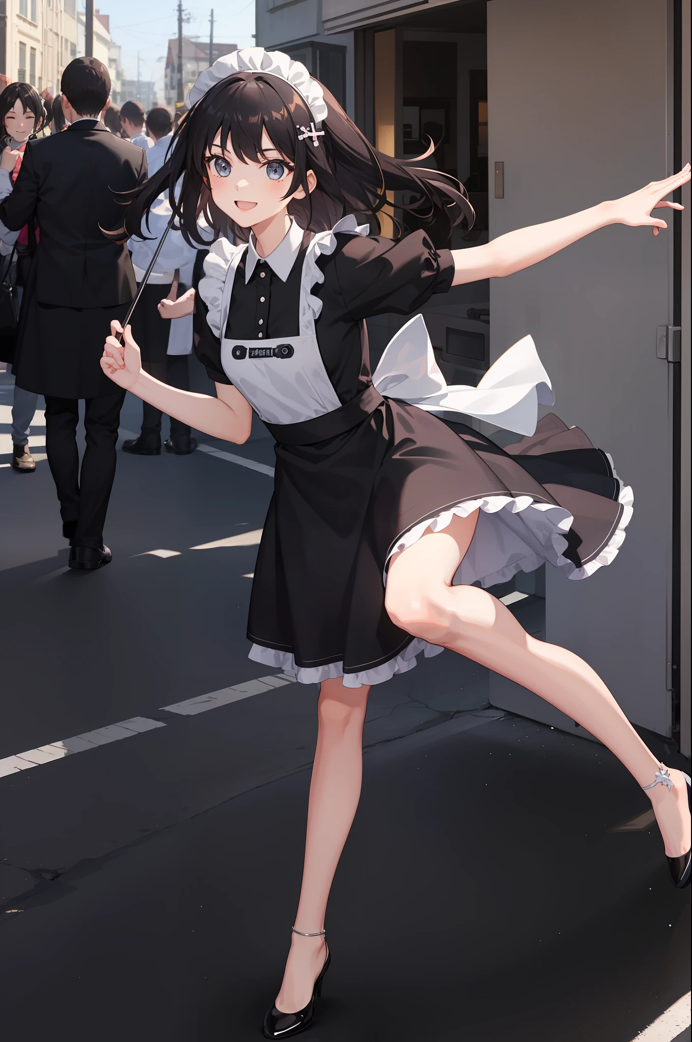 1 girl, smiling, skirt, (small) chillerism, dress, apron,,,,,,、 maid,,,,,,,,、 hair ornament, running briskly,