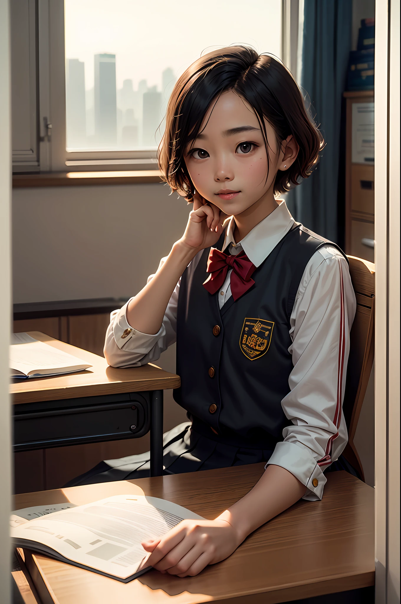 At home, Study at your desk, short detailed hair, Primary school student wearing Shenzhen school uniform, ssmile, looking at viewert, 35mm, filmgrain, Cinematic lighting, surrealism, Super detail, High details, Best quality, A high resolution