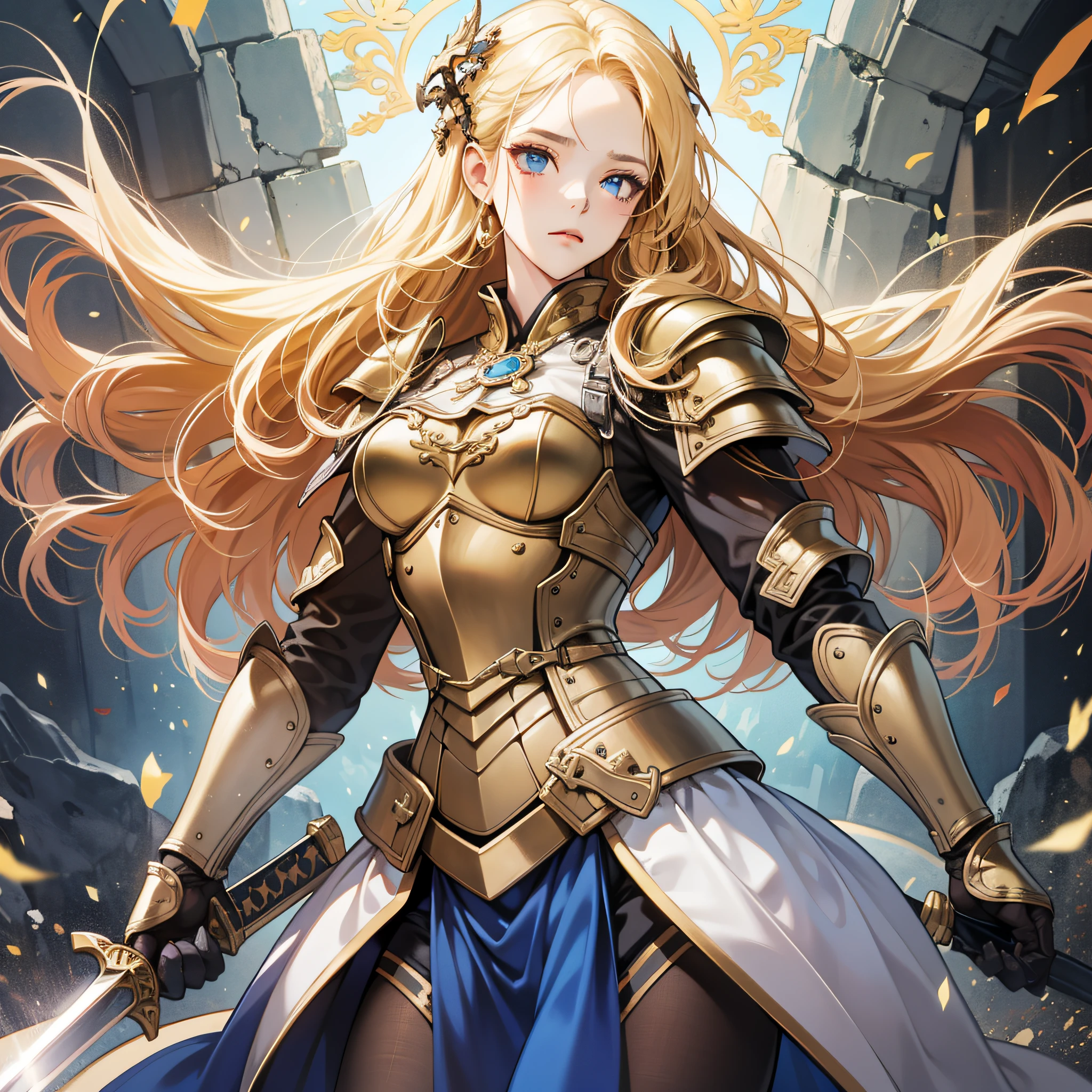 masterpiece, best quality, 1girl,bodystocking,bishojo,masterpiece, best quality,gold hair,blue eyes,yellow hair, masterpiece, best quality, incredibly absurdres, holding sword, sharp,royal,gold armour,standing,fighting_stance,cold attitude,beautiful_face,clear face,expressionless,gold trim,ray tracing,cinematic angle,lens 135mm,f1.8,medium,hair,long and gold sword,metal armour,deep colour,, masterpiece, best quality,