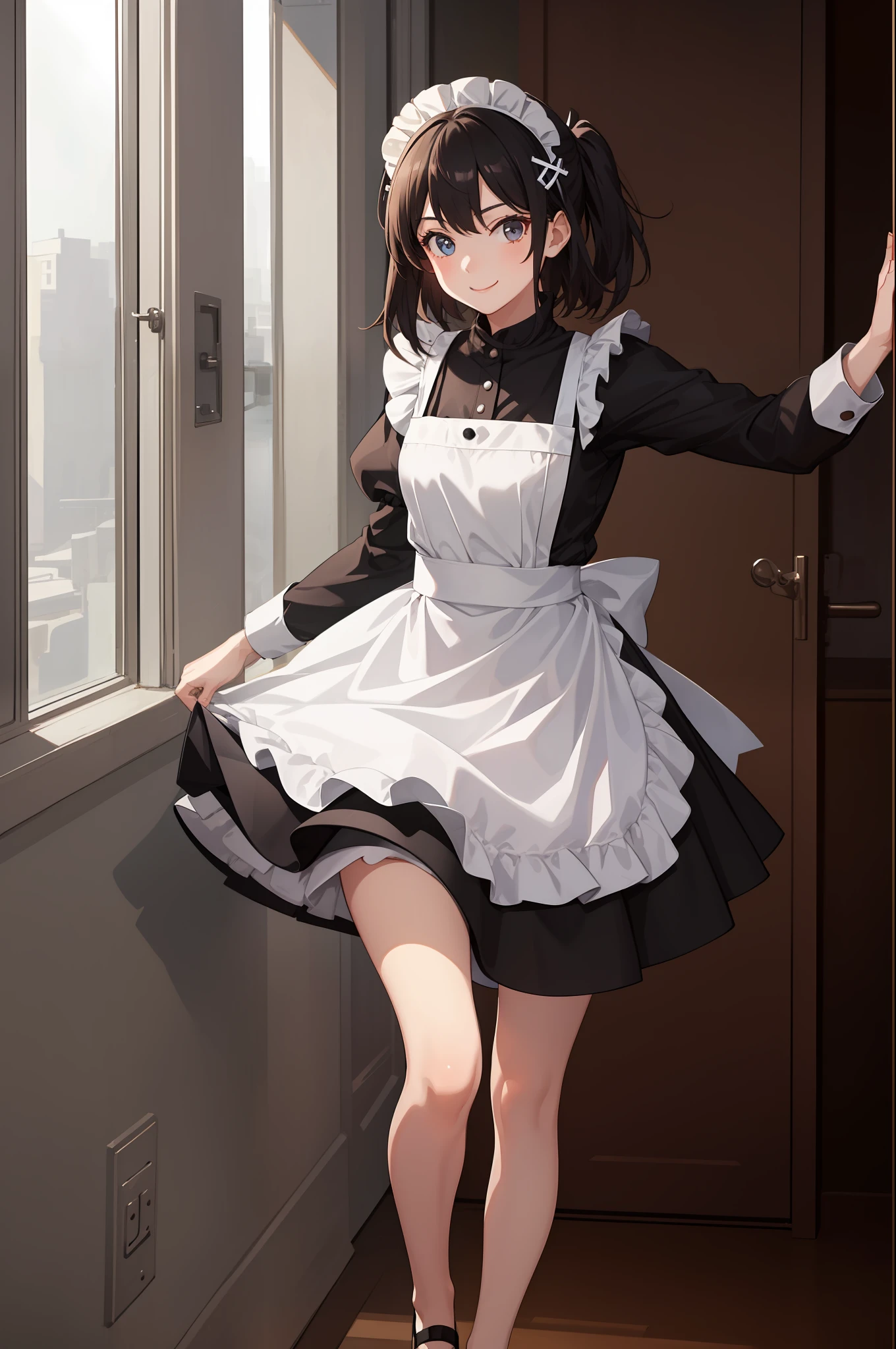 1 girl, smiling, skirt, (small) chillerism, dress, apron,,,,,,、 maid,,,,,,,,、 hair ornament, running briskly,