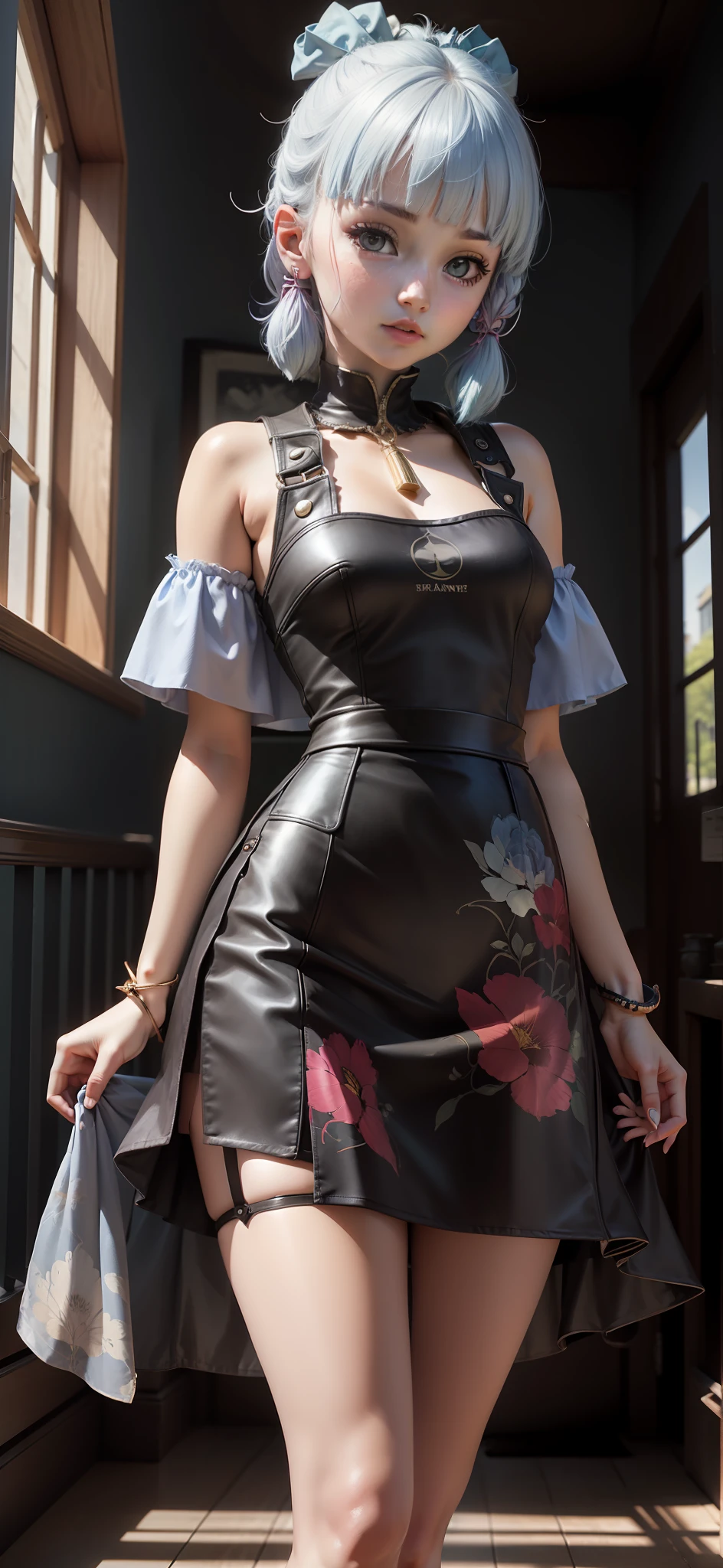 1girll,Pale blue hair,Transparent skirt,