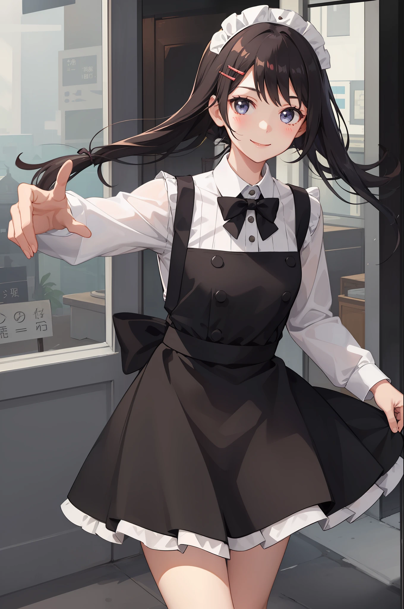 1 girl, smiling, skirt, (small) chillerism, dress, apron,,,,,,、 maid,,,,,,,,、 hair ornament, running briskly,
