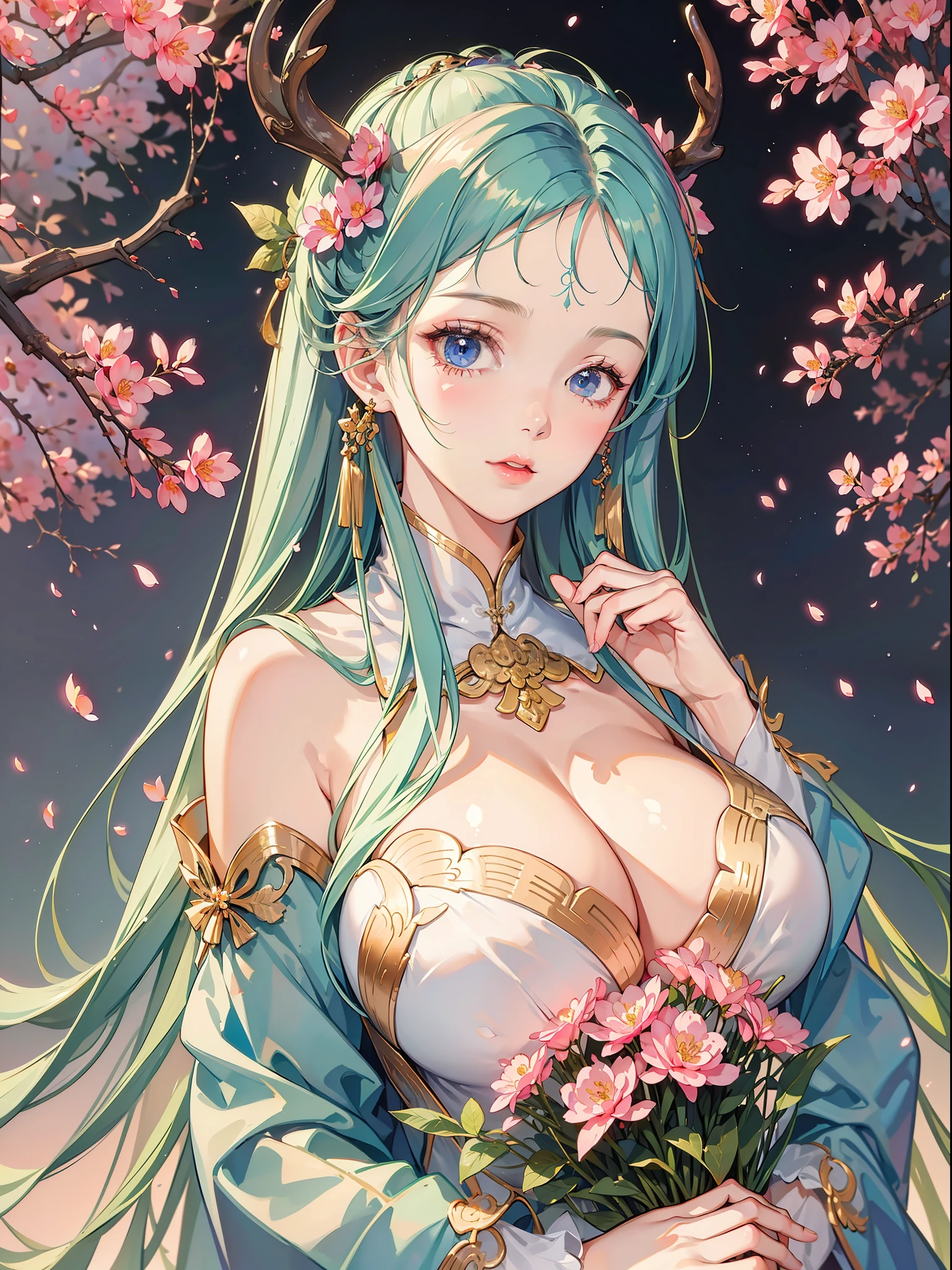 long white hair,Flowers in hand,white dresses,Lori huge breasts cleavage,flatchest,There are antlers on the head,Cherry blossoms in the background,Need,Deleite para la vista