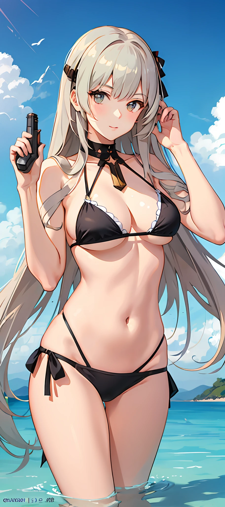 anime girl in bikini with gun in the water, Fine details. Girl front, from girls frontline, girls frontline style, Kantai collection style, m4 sopmod ii girls frontline, Girl front, Girls Frontline CG, Bikini + tattered military gear, Swimsuit, azur lane style, girls frontline universe, seductive anime girls, at pixiv, Guviz