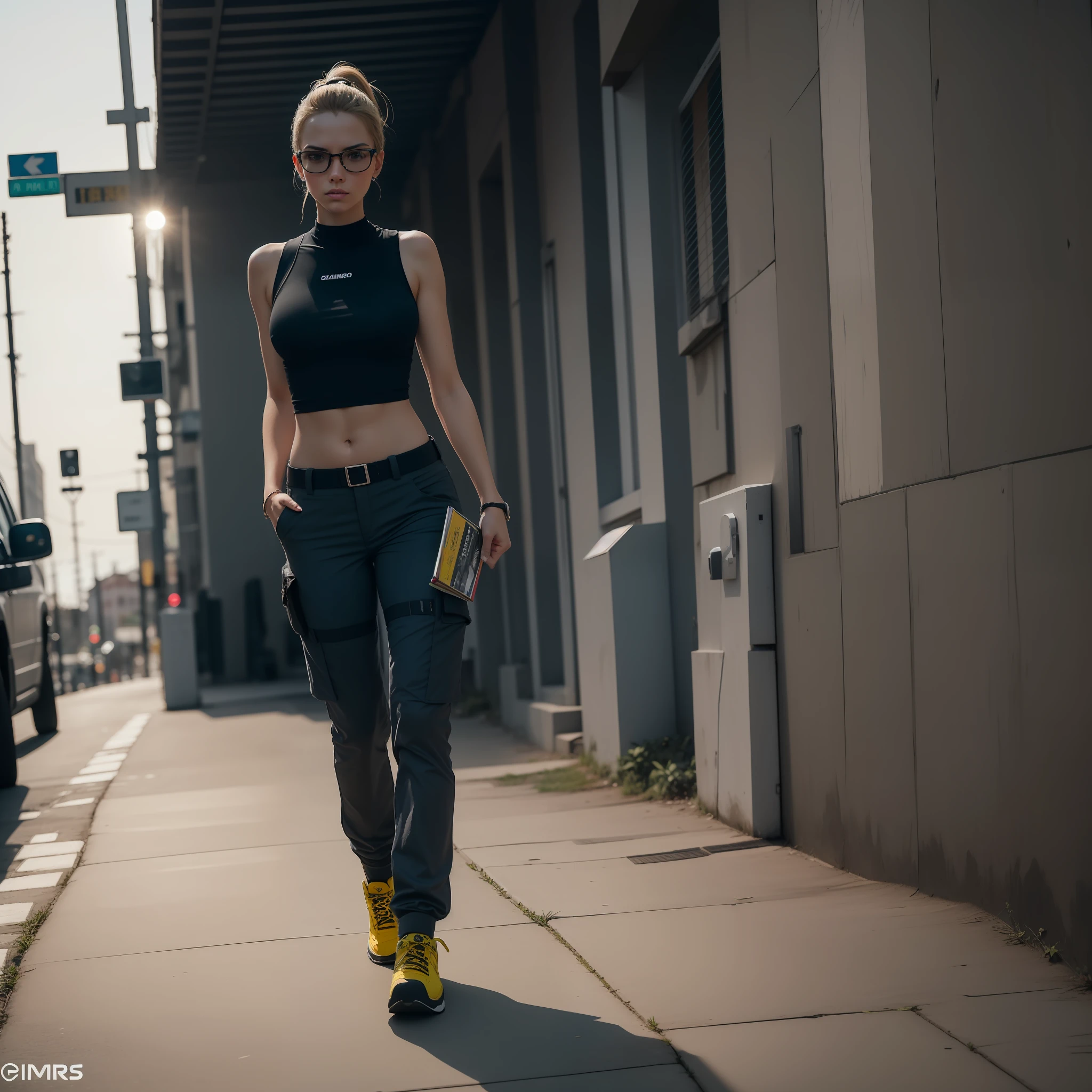 Cammy branco (Lutador de rua), olhos cinzas, cabelo blondie cinza ponytail, pale skin and freckles, soft and beautiful lips, Aviator glasses with yellow transparent lenses, wearing tactical black baselayer, military office pants, coturno preto tratorado, portando um fuzil de assalto M4A1, Preparando-se para atacar e emboscar, ruas de Moscou em guerra. Noite sob luz das ruas. Luz Natural, poor lighting, fotorrealista, disco Rigido, 8k, obra prima, hard driveR, ..........RAW, Olhando, Aerial focus, Canon EOS R5, mola a 50mm | | | | | | | |, F/2.8, HDR, (((Corpo inteiro)))(4k ,Ultra Detalhado:1.2),illustration,(fotorrealista:1), (sozinho:1.2),(standingn),(cheio_Corpo:1.2), (fundo simples,:1.4), (ao ar livre, Paisagem, campo de batalha, campo aberto, luz do dia: 1.2), nuvem de cogumelo, (mascara de gas, coldre, cargo pants: 1.2), (Supermodelo: 1.4), (quadris largos: 1)