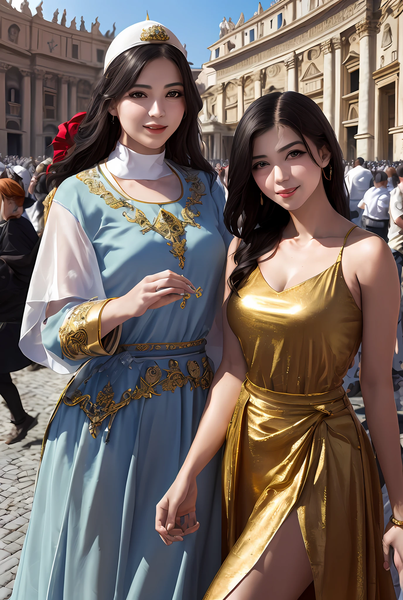 (巨作, Best quality, Realistic),
2girls,duo,(on the St. Peter's Square of Vatican,crowd of), sankta. Peter's Square of Vatican background,gypsy dress,(Princess Eyes,shiny pupils),Dancing,  Gold, banquet, crowd of, picking up skirt,
[Slight smile],