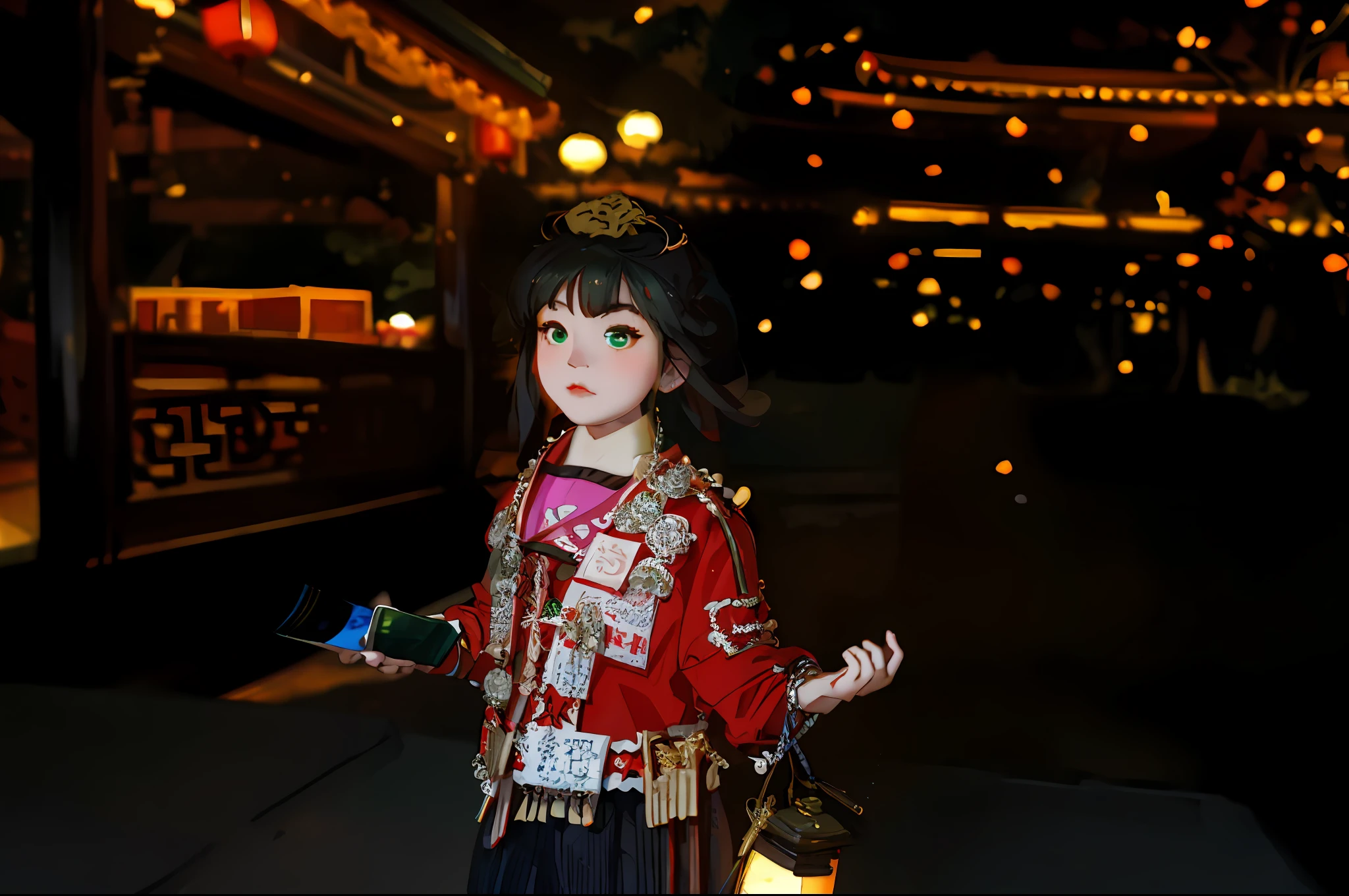 Chinese girl, The face is red and green like a porcelain doll, Good appearance and temperament, Magical powers, Wear traditional costumes and wander the alleys of the palace, The lantern shimmered to illuminate her appearance, More detailed description of the picture.