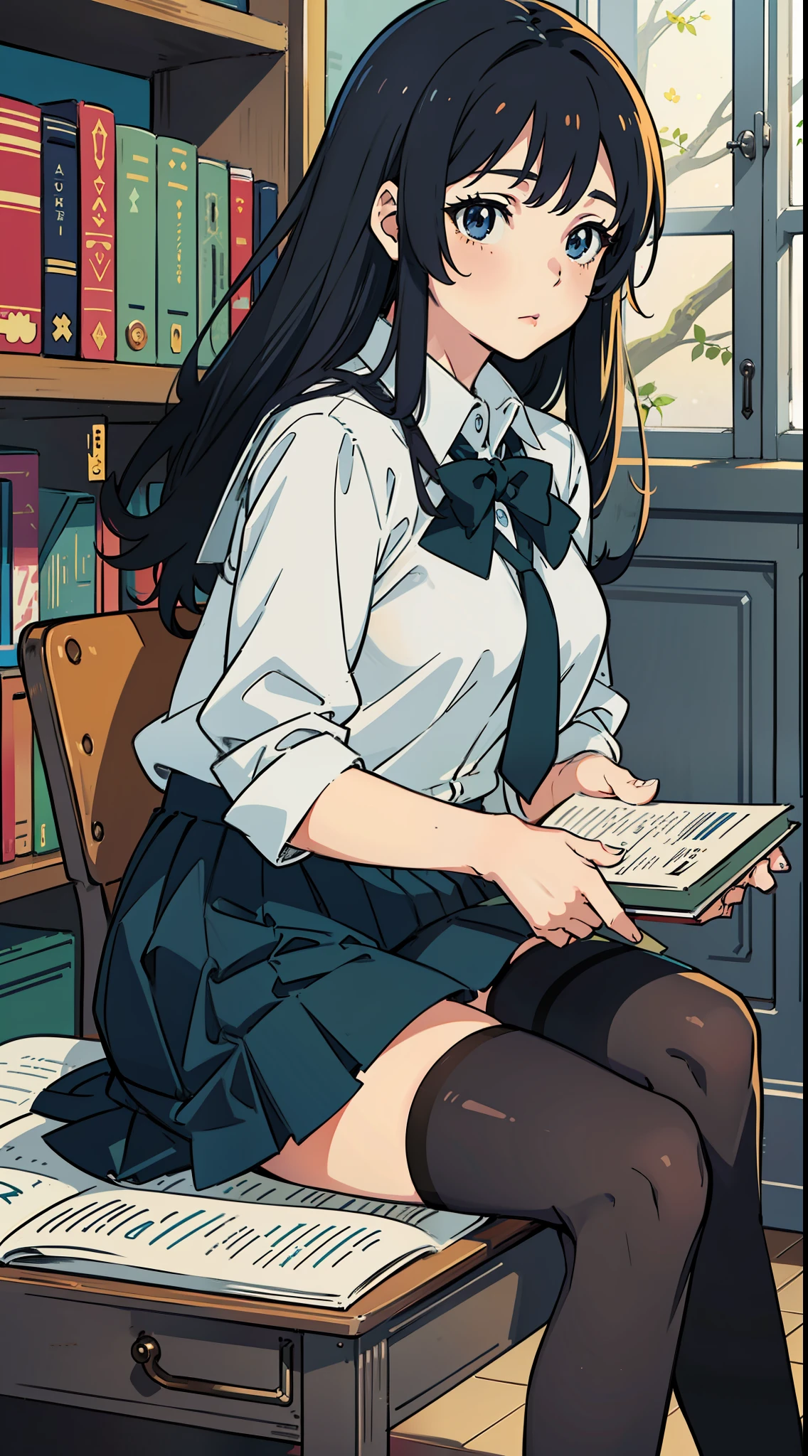 anime girl sitting on a desk in a library with books, Surrealism female students, Surrealism female students, Realistic schoolgirl, photorealistic anime girl rendering, Smooth anime CG art, Beautiful Anime High School Girls, seductive anime girls, Photorealistic anime, Anime. Soft lighting, beautiful anime girl crouching, 3 d anime realistic, thighhighs and skirt