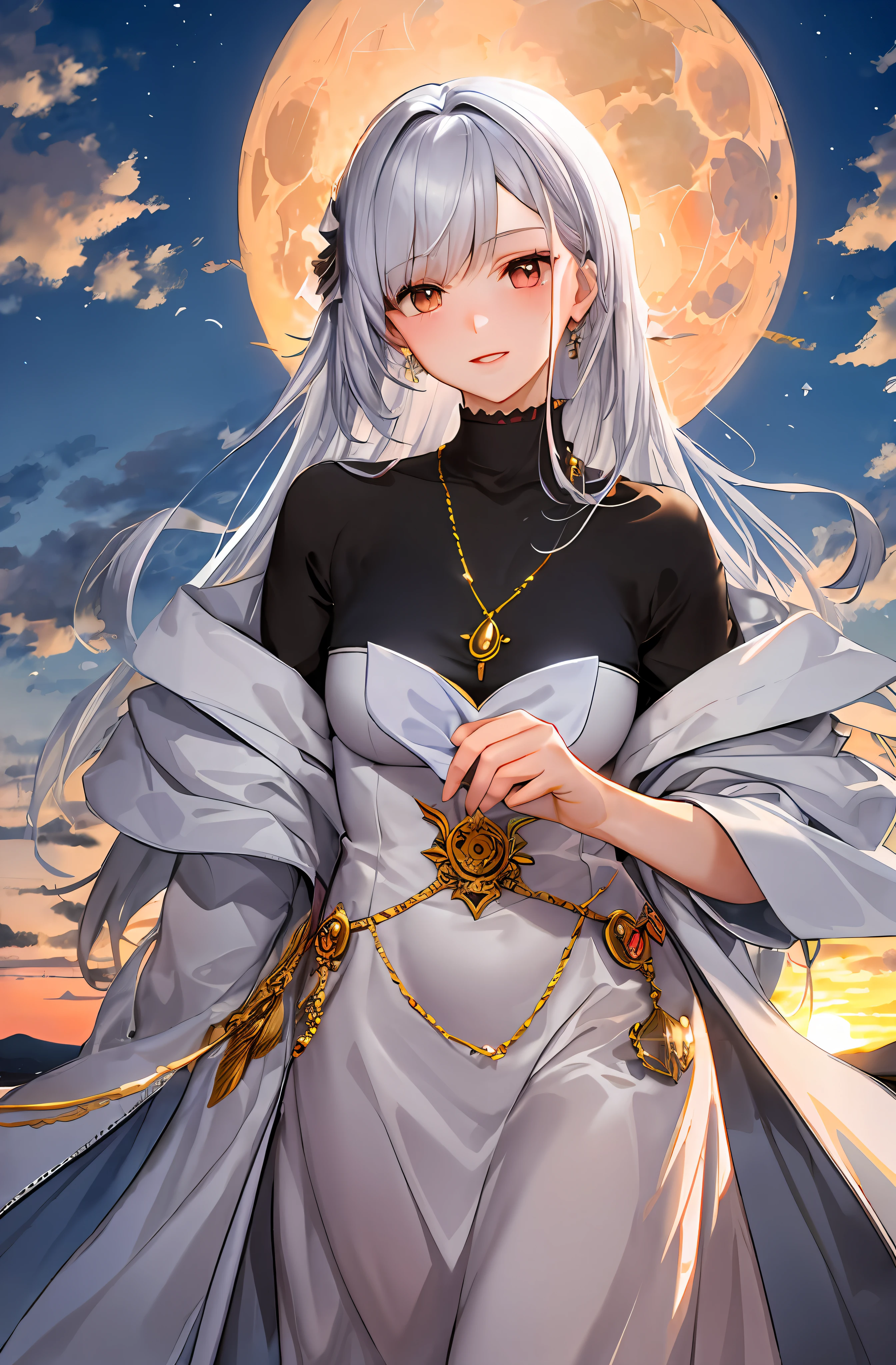 A woman in a long dress standing in front of a full moon - SeaArt AI