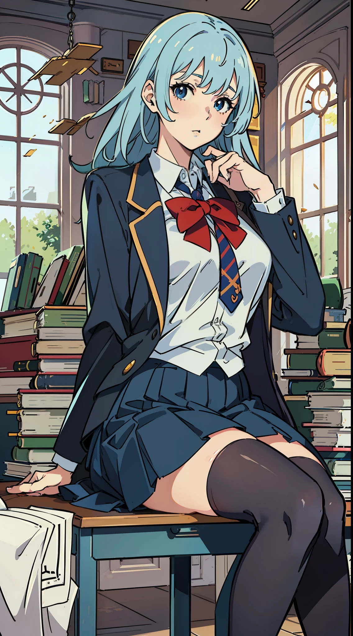 anime girl sitting on a desk in a library with books, Surrealism female students, Surrealism female students, Realistic schoolgirl, photorealistic anime girl rendering, Smooth anime CG art, Beautiful Anime High School Girls, seductive anime girls, Photorealistic anime, Anime. Soft lighting, beautiful anime girl crouching, 3 d anime realistic, thighhighs and skirt