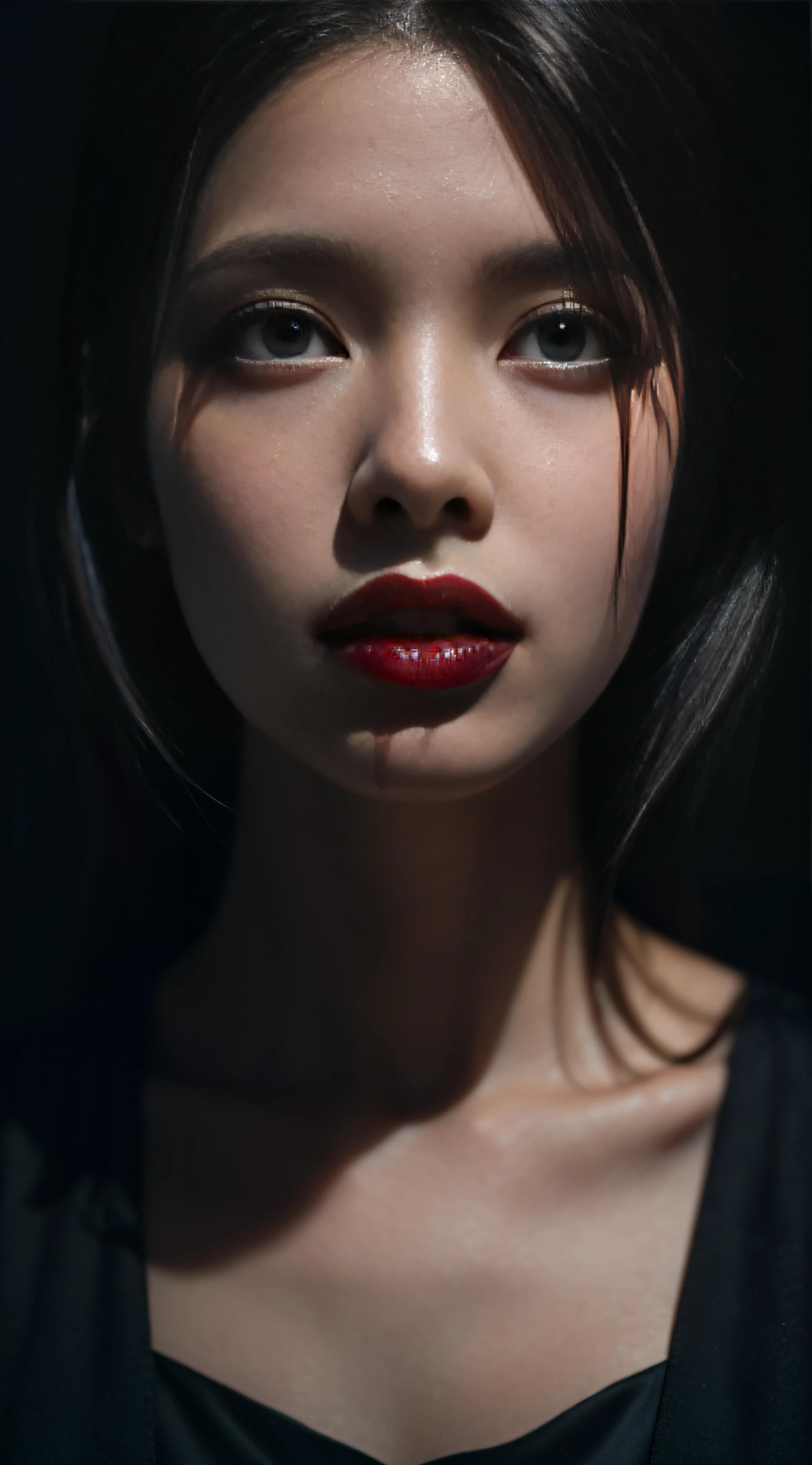 masterpiece, best quality, 8k, absurdres, beautiful girl, (night, upper body, dark background:1.4), (classical dress:1.6), (blood dripping from mouth:1.5), dark studio, rim lighting, two tone lighting, dimly lit, low key, ultra realistic, highres, photography, film grain, chromatic aberration, depth of field, sharp focus, HDR, facelight, dynamic lighting, cinematic lighting, professional shadow, dark shadow, highest detailed, extreme detailed, ultra detailed, finely detail, real skin, delicate facial features, detailed face and eyes, sharp pupils, realistic pupils