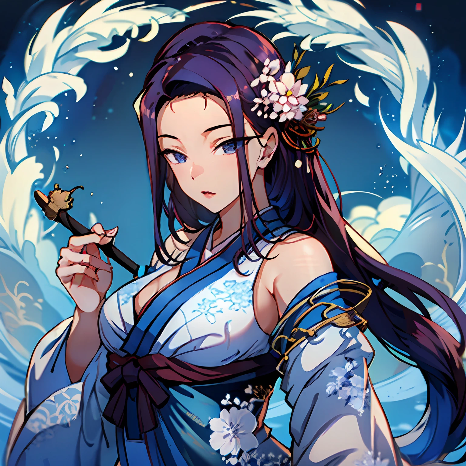 Dragon girl，Light blue hair，rnlong hair，Blue eyes，Star-like eyes，Hanfu，Blue and white porcelain pattern for clothes，full bodyesbian，tmasterpiece，Superb body ，a Oriental Dragons
