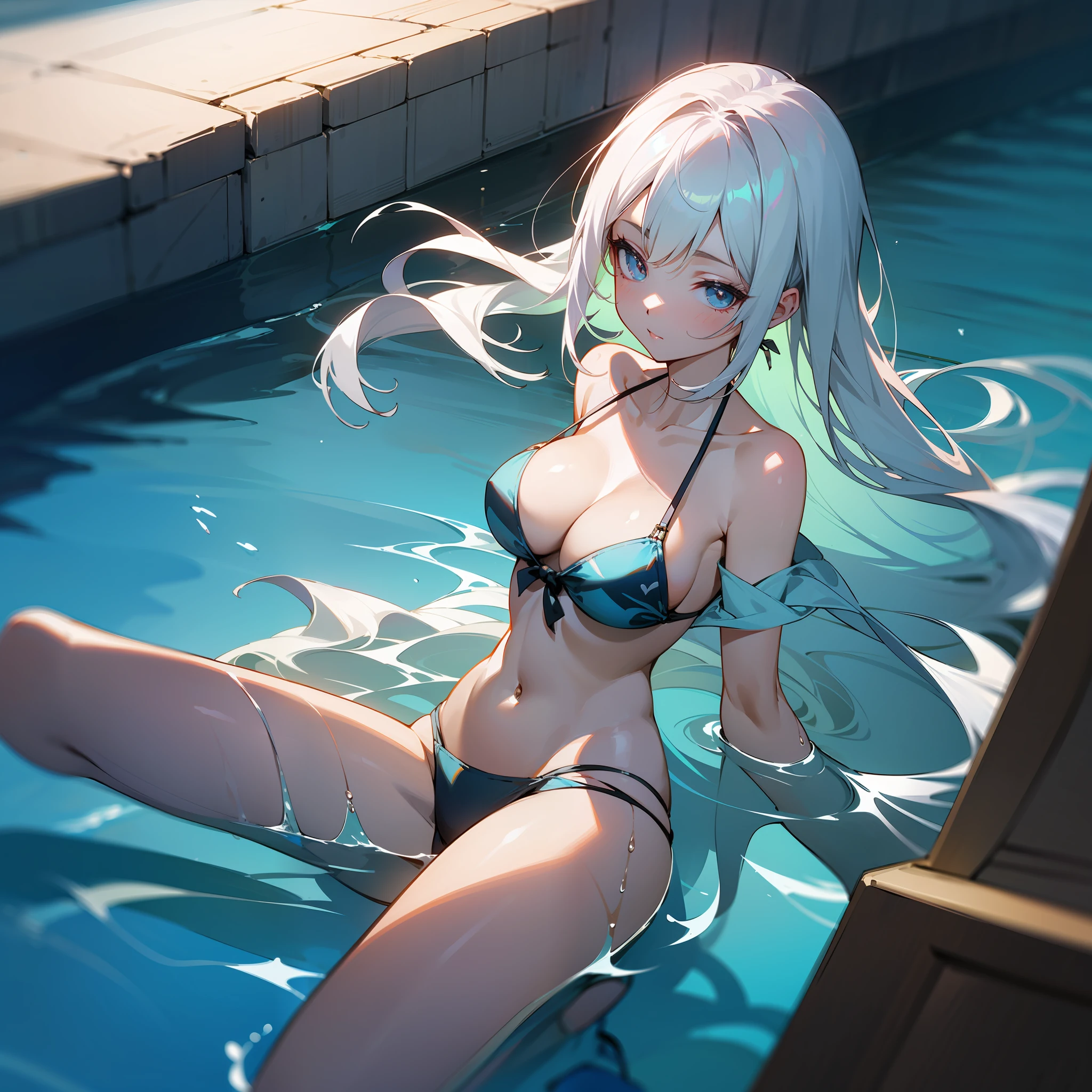 CG artwork in extreme detail，White hair，Beautiful，Very long white hair，It depicts a seductive and moving girl，in a bikini。She's in the water，Revel in the tranquility of the pool，The whole body is in water，Bikinis are brightly colored，It's hard to look away。The whole picture is very smooth，Presents a wonderful CG artistic effect。
