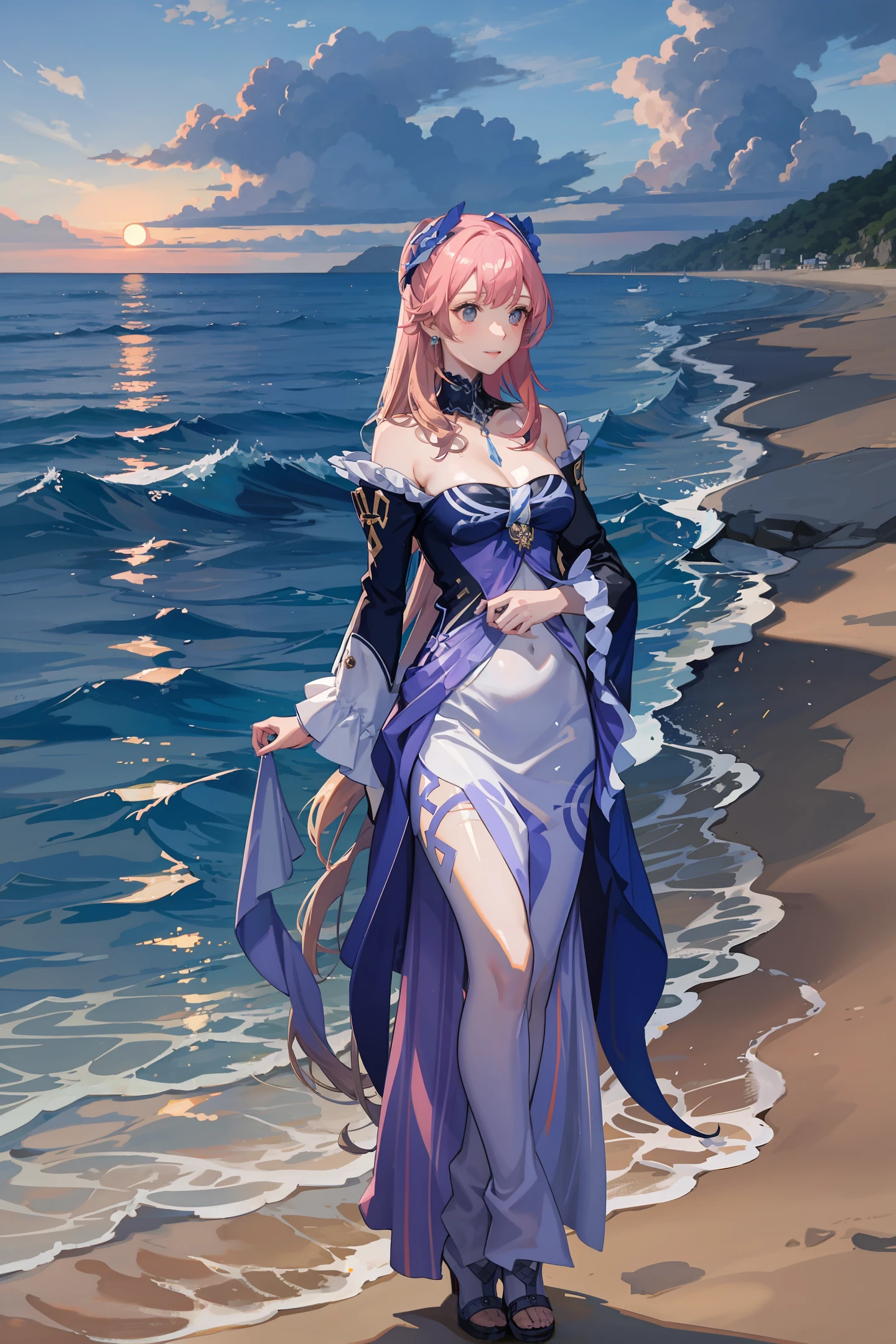 The maiden stands on the beach and behind you is the sunset beach