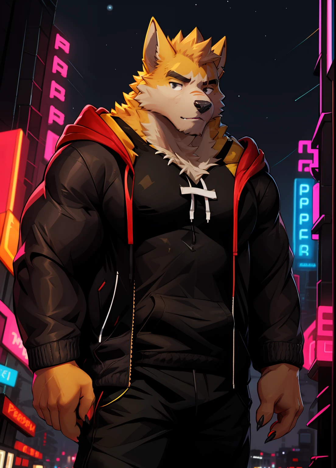 cooper krager, solo, looking at viewer, shirt, 1boy, jacket, male focus, open clothes, hood, black shirt, hoodie, muscular, pectorals, muscular male, bara, hooded jacket, sharp fingernails, night city, neon, furutistic, yellow fur, black eyes