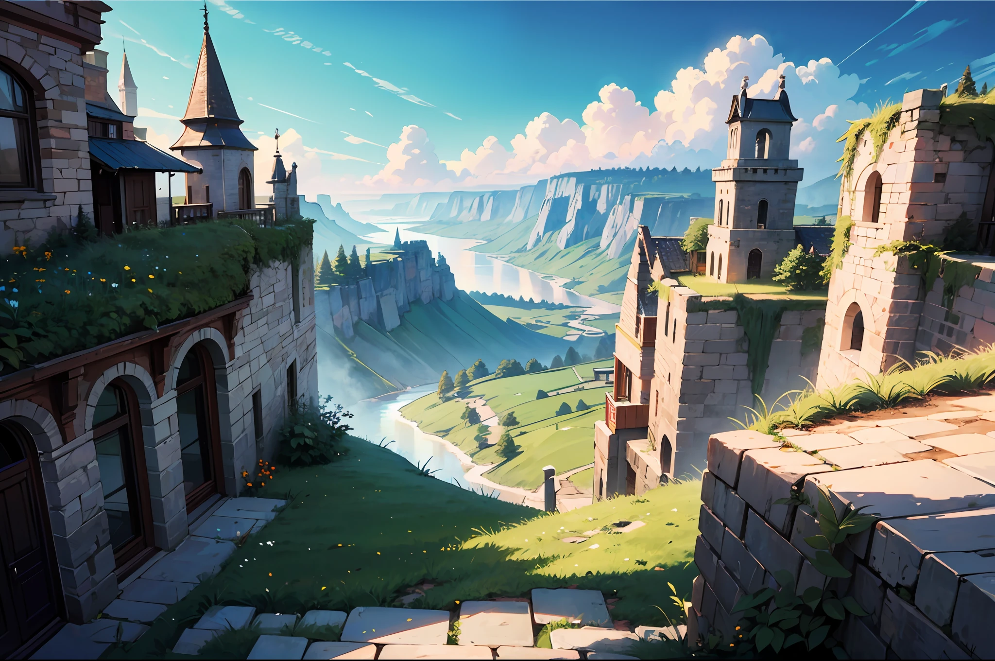 masterpiece, best quality,ultra-detailed, fine detailed, 8k, scenery, landscape, no humans, distant view, wide shot, Sky gardens, sky cities, secret places, mysterious
