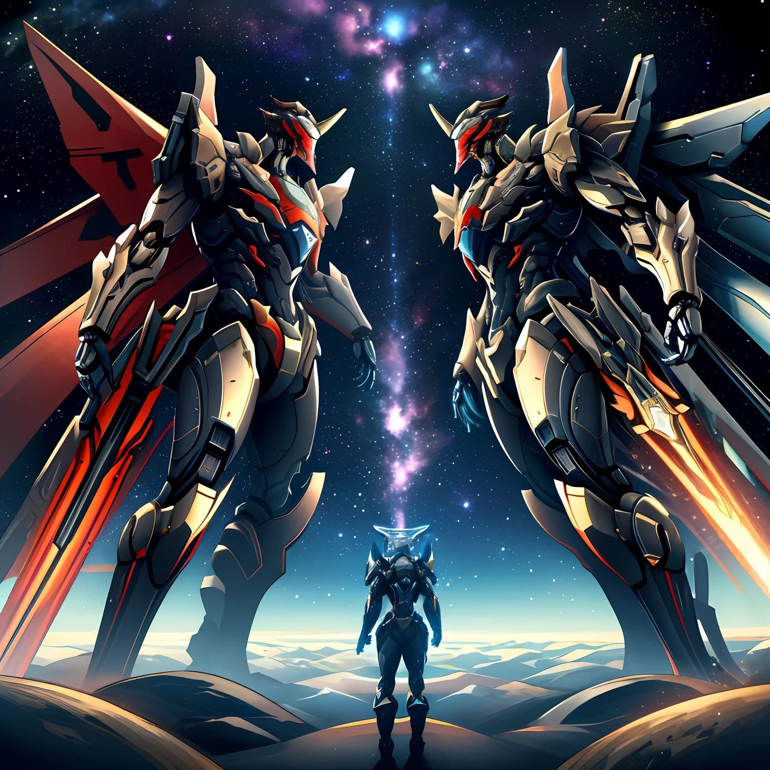 The vast galaxy,Mechanical Warframe battles starry sky behemoths over the Earth