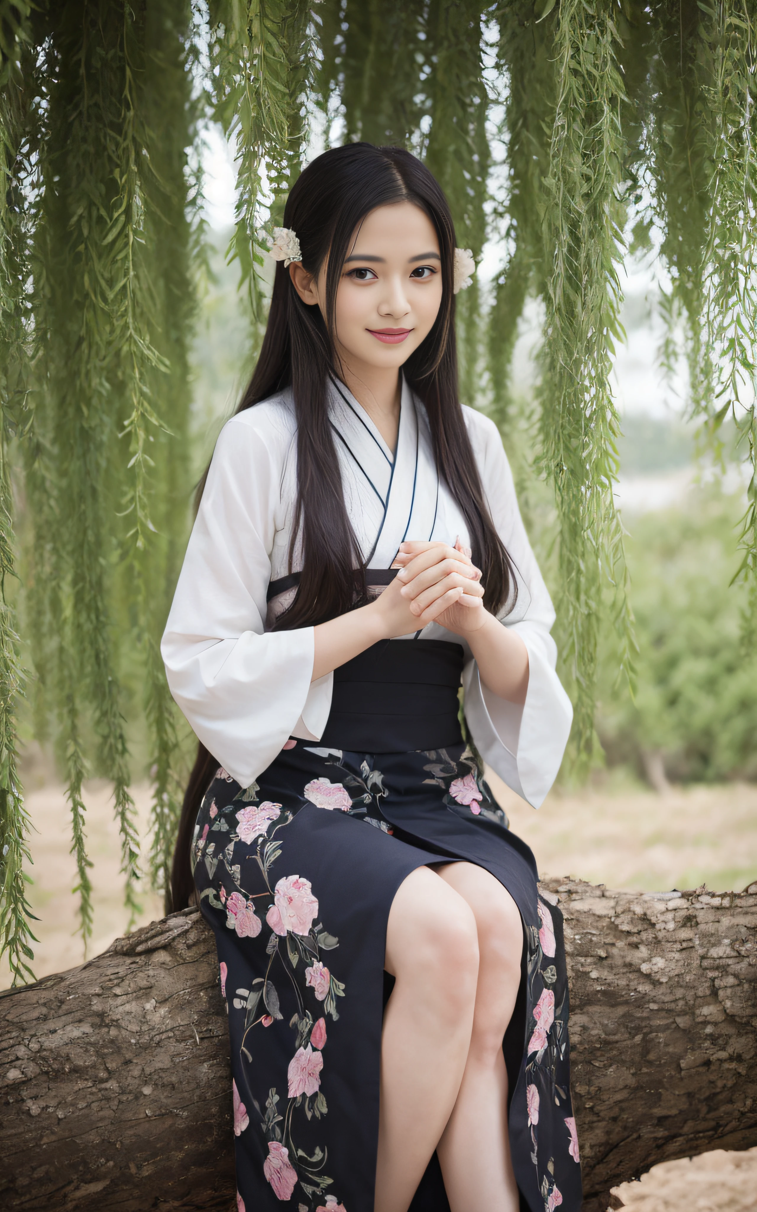 shukezouma, negative space, , shuimobysim , portrait of a woman sitting , willow branches, (masterpiece, best quality:1.2), traditional chinese ink painting, modelshoot style, peaceful, (smile), looking at viewer, wearing long hanfu, hanfu, song, willow tree in background, wuchangshuo, masterpiece, best quality,
