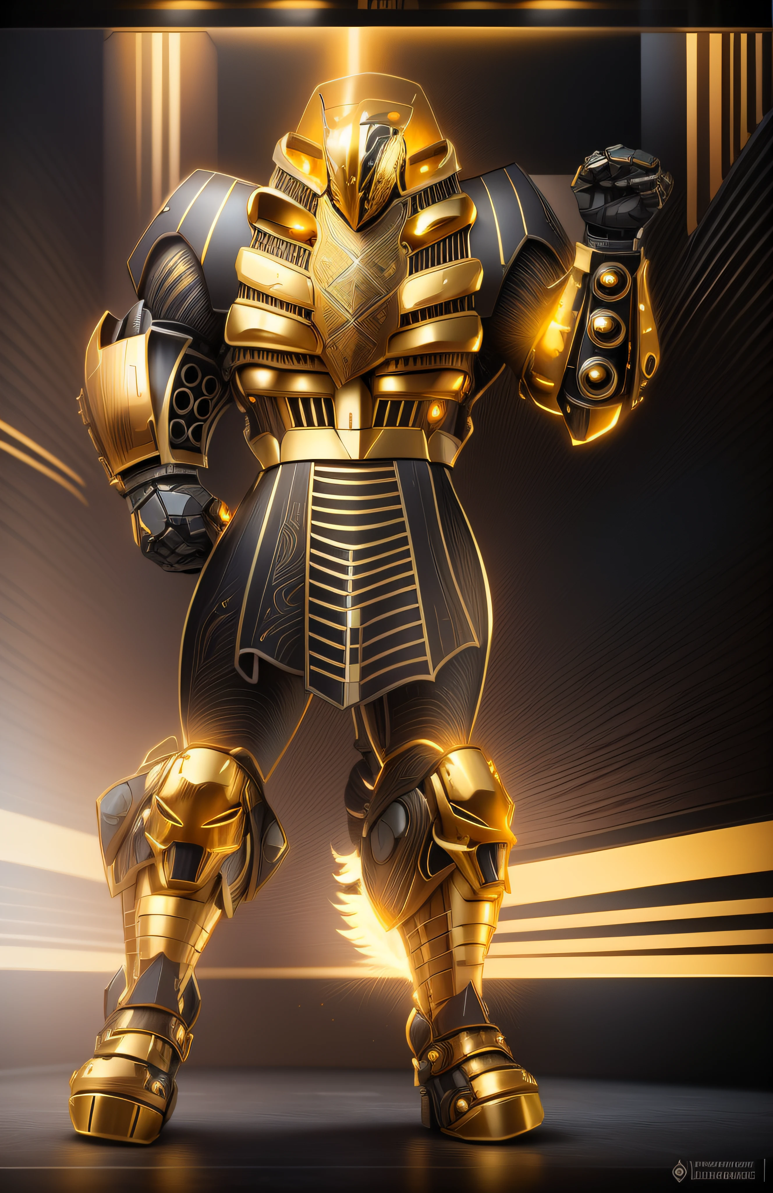 a close up of a robot with a glowing suit on, armadura brilhante elegante, Retrato completo de Electromancer, luzes brilhantes na armadura, Deus grego no estilo mecha, Armadura obsidiana de ouro pesado, Sci - Armadura de Fi:! musculoso, intrincada armadura mecha brilhante, Armadura Obsidiana de Ouro, cyber fight armor, Personagem de Mortal Kombat, Armadura Conceitual, bokeh, blurr, flare