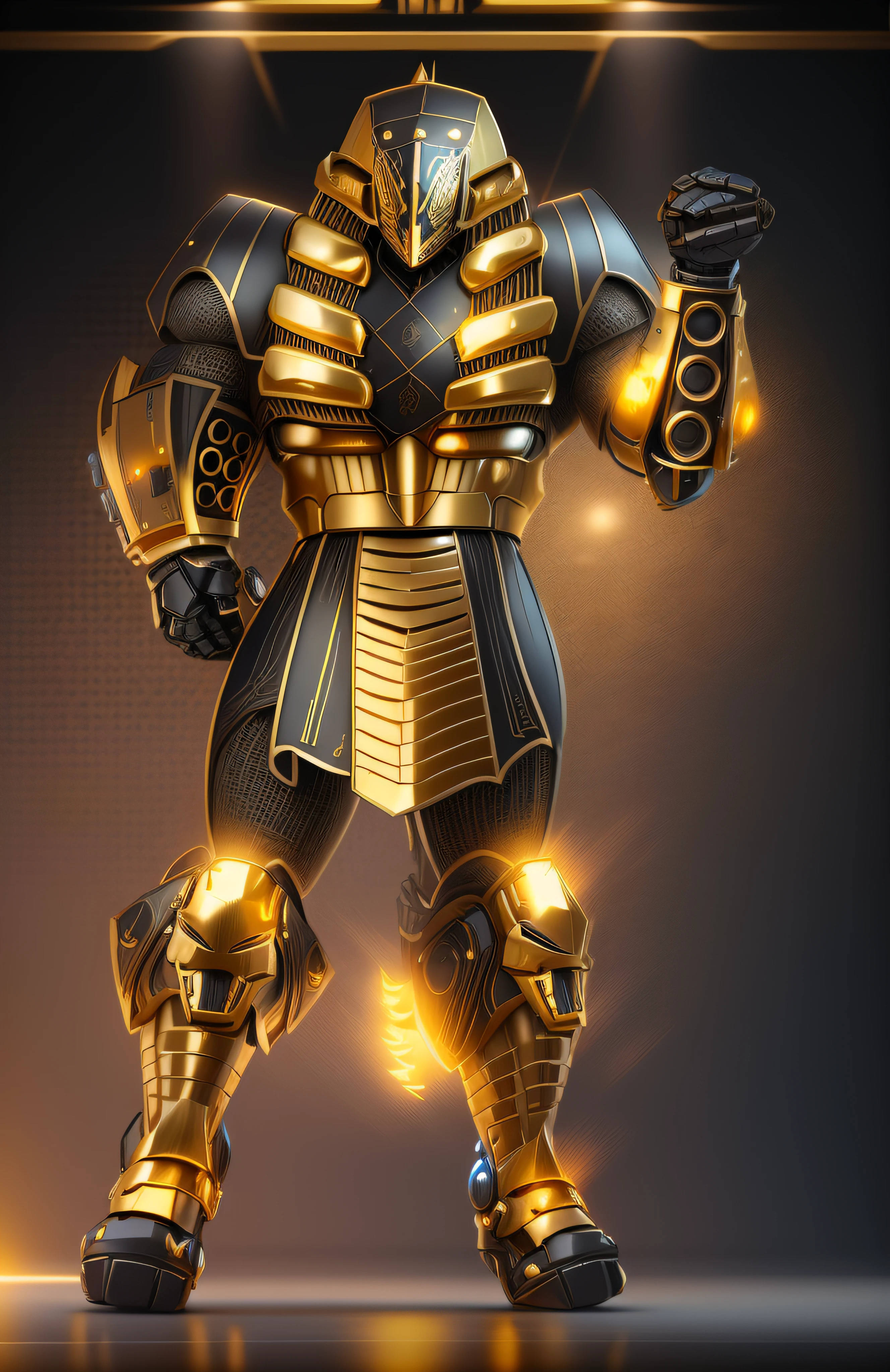 a close up of a robot with a glowing suit on, armadura brilhante elegante, Retrato completo de Electromancer, luzes brilhantes na armadura, Deus grego no estilo mecha, Armadura obsidiana de ouro pesado, Sci - Armadura de Fi:! musculoso, intrincada armadura mecha brilhante, Armadura Obsidiana de Ouro, cyber fight armor, Personagem de Mortal Kombat, Armadura Conceitual, bokeh, blurr, flare