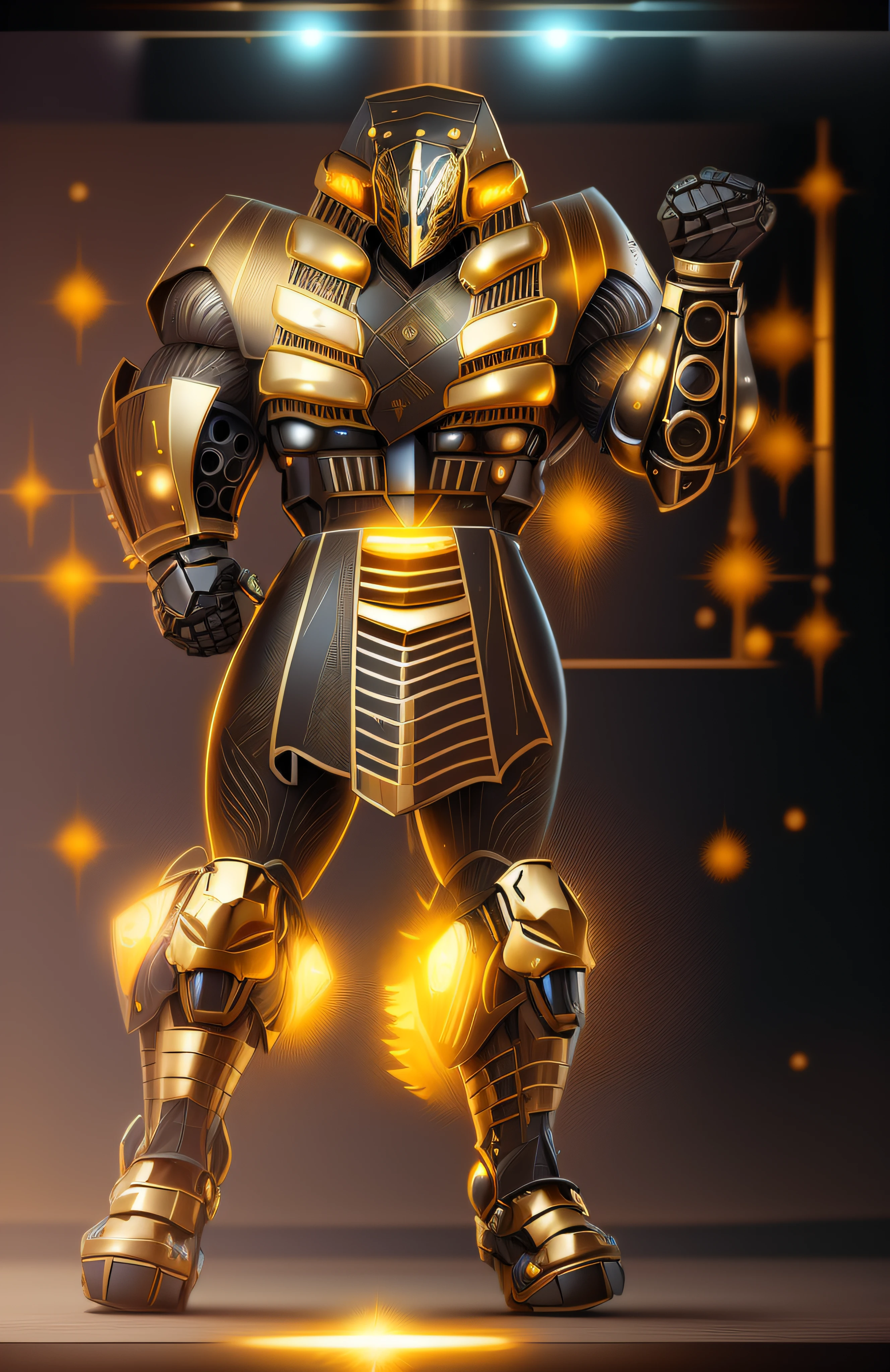 a close up of a robot with a glowing suit on, armadura brilhante elegante, Retrato completo de Electromancer, luzes brilhantes na armadura, Deus grego no estilo mecha, Armadura obsidiana de ouro pesado, Sci - Armadura de Fi:! musculoso, intrincada armadura mecha brilhante, Armadura Obsidiana de Ouro, cyber fight armor, Personagem de Mortal Kombat, Armadura Conceitual, bokeh, blurr, flare