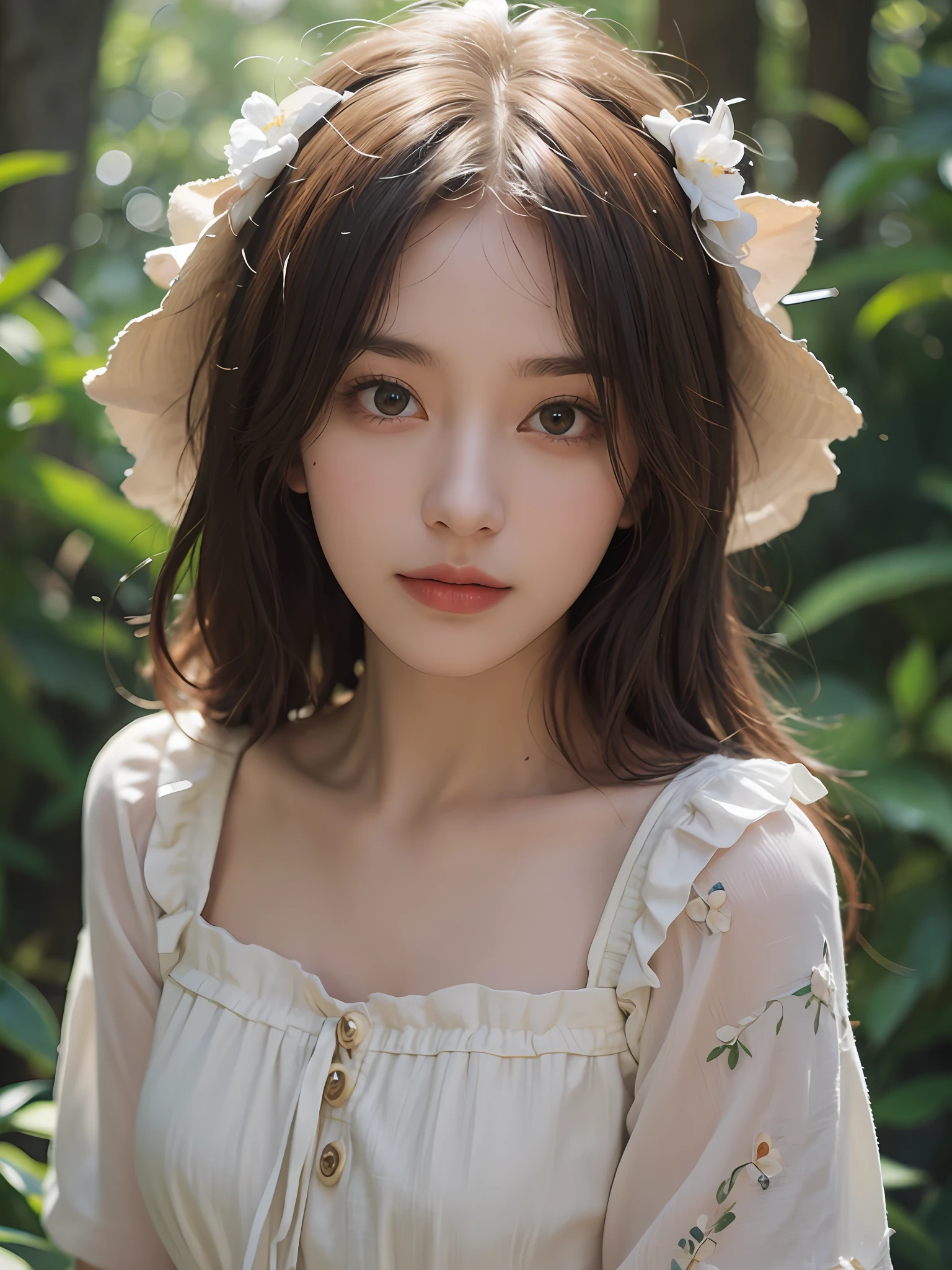 (Close-up: 1.5), (Facial focus: 1), ((Side: 2)), (1 Girl Surrounded by soft_Light:1.5), (Backlight: 1.8), (lighting), (Flow Fabric: 1.3), (Floral_Summer_dress: 1.5)), (巨作), Realistic, hdr, Highly detailed, 8K, Original photo, Ambient Light Occlusion, Natural, Harmonious composition, Warm colors, fine art photography,
