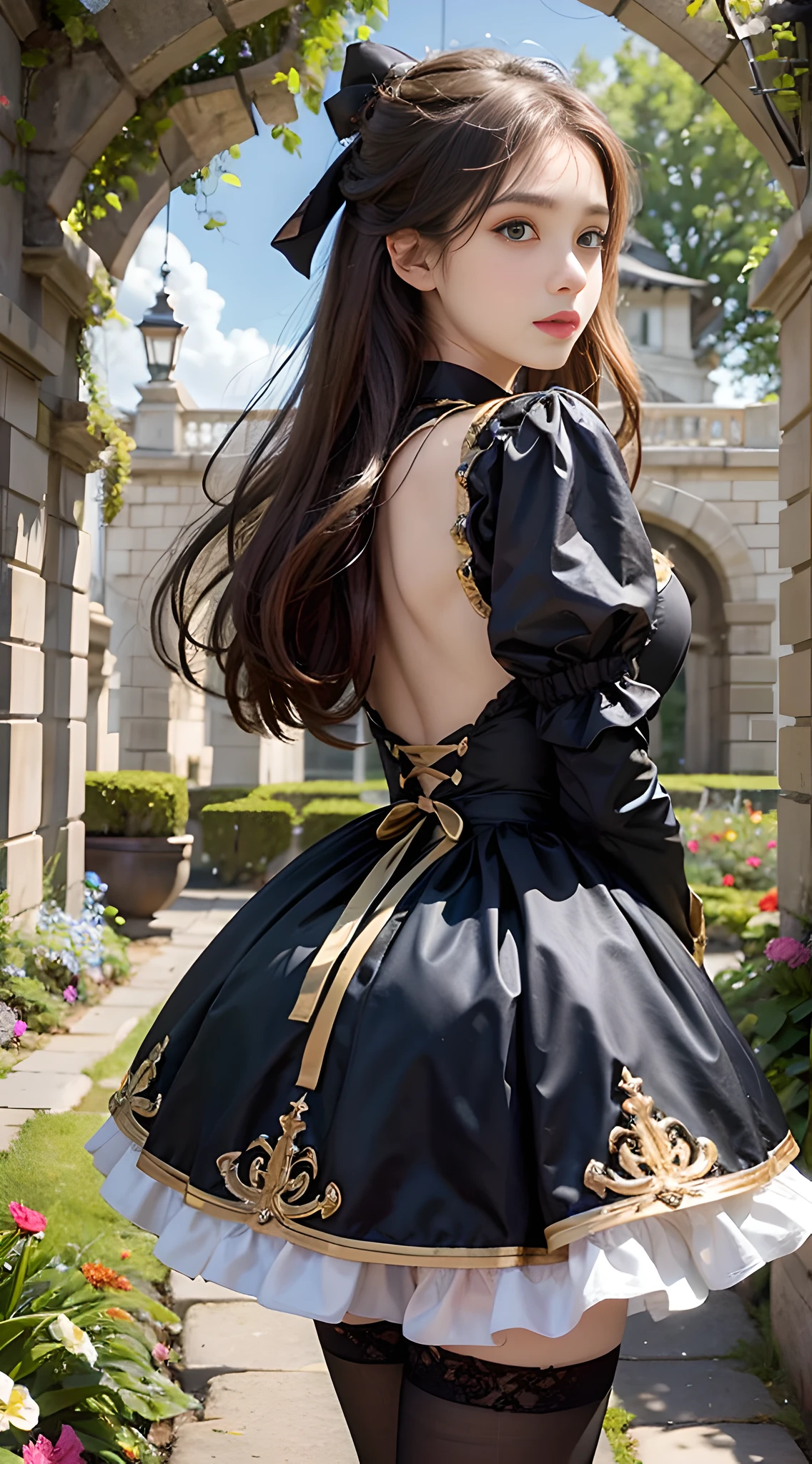 realistically, make realistic, nmasterpiece, Best qualities, Top  Quality, The ultra-great resolution, Lolita_Dress, 1girls, 独奏, Slim, looking at the spectator, a whole body, long haired, to stand, dynamicpose, detailed back ground, in a garden, citadel, Natural lighting, (PureErosFace_V1:0.5),