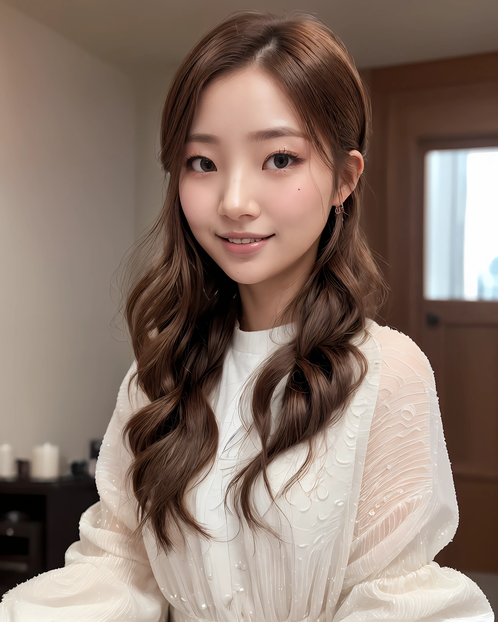 ((Best Picture Quality, 8k, tmasterpiece:1.3)), 1girl, Beautiful woman with slender abs:1.3, (Casual hairstyle, Dewy milk:1.2), shift dresses:1.1, Ultra-fine face, A detailed eye, 二重まぶた,ssmile,Home