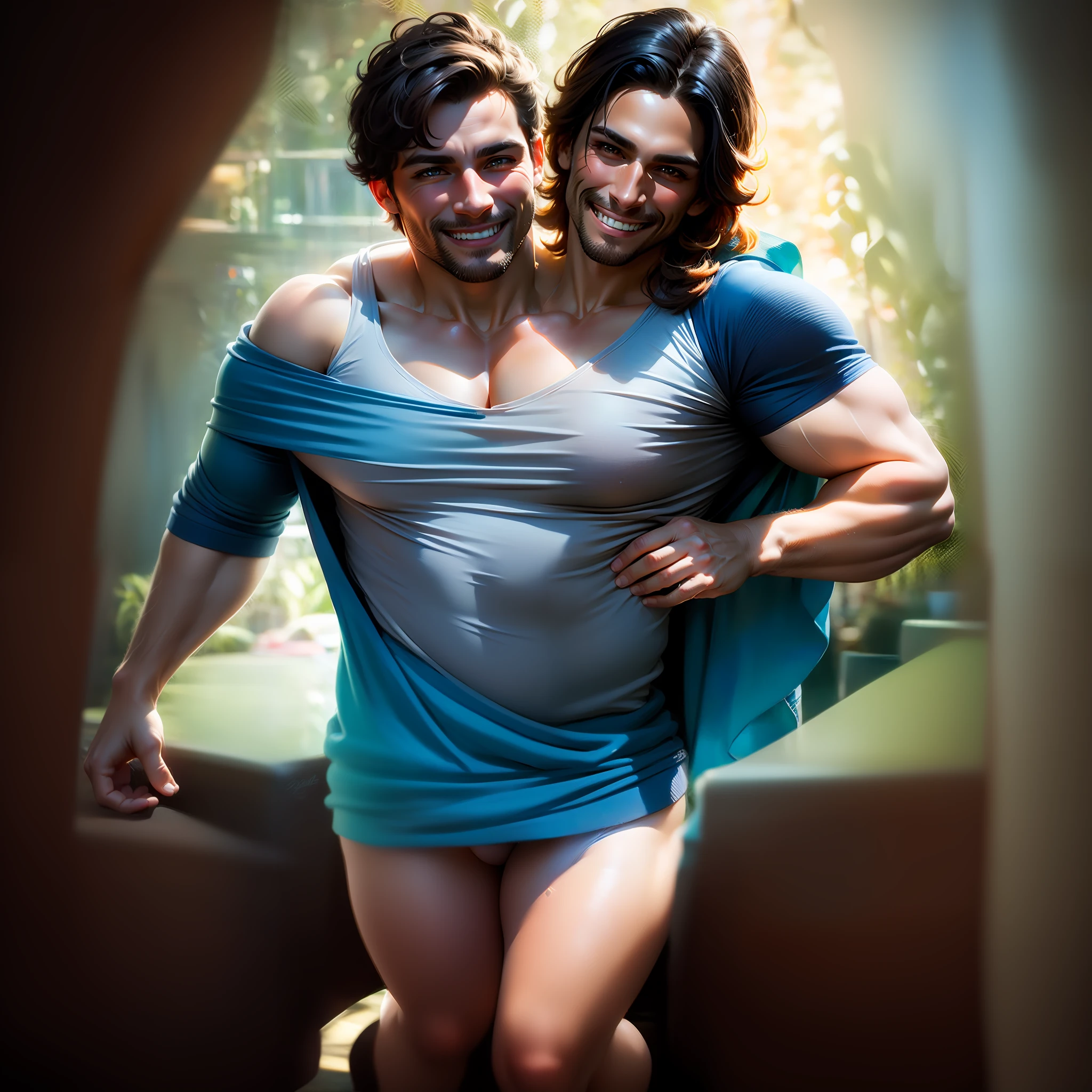 2heads,1man, puerto Rican,  wearing latex, 45 years old, Best Quality, Masterpiece, Illustration,  beautiful, Very detailed, CG, 8k wallpaper, amazing, attention to detail, masterpiece, best quality, Art, CG wallpaper 8k highly detailed, huge file size, ultra detail, high resolution, ultra high definition, very detailed, beautiful man detailed, eyes and face very detailed, facial hair,  beautiful eyes detailed, (RAW photos,  best quality), (real, Photorealism: 1.3), full body, light on the face, (brown hair: 1.3), chubby beautiful hair,(swollen eyes), (attractive),  (sexy pose in front of the camera)), (smile), looking at the viewer, dark eyeliner, long eyelashes, flushed cheeks, erotic, fringes, ((((happy smile)))), (((1 man wearing a colorful low cut shirt)))),   (cheap lounge background), (sweaty white skin), thin legs, (neckline)))), standing, speedo, bulge in speedo,erection