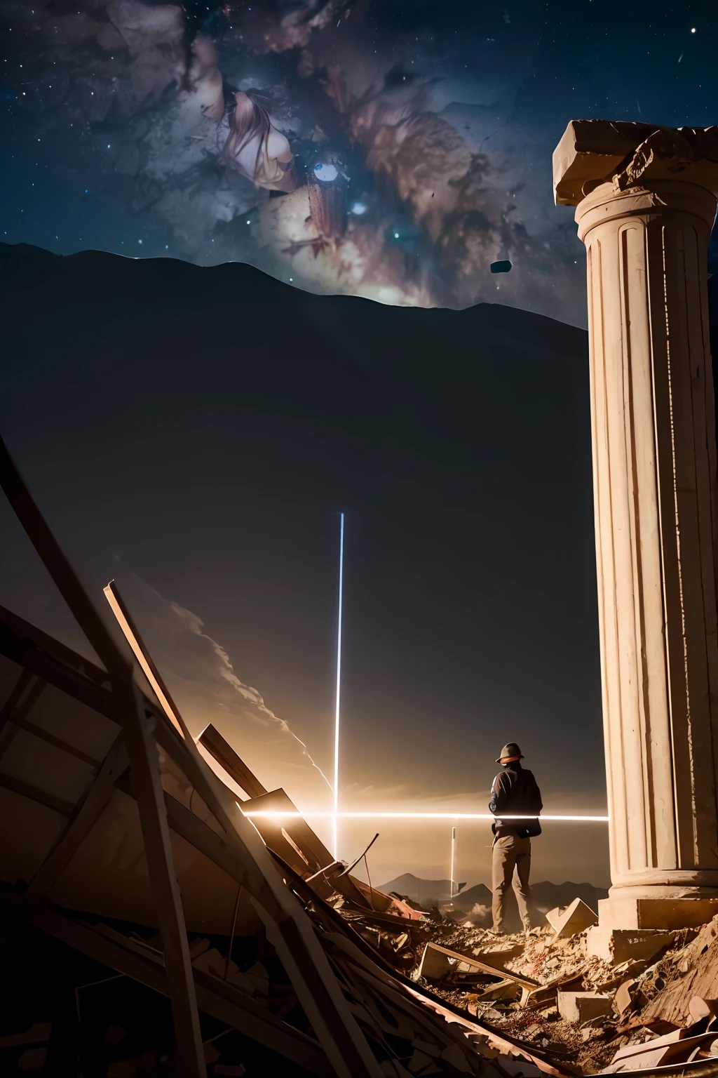 High Picture Quality,Scene graph,Very empty desert,deep in the night,The middle plain is surrounded by hillsides,Light blue bright pillars of light descended from the sky,The man in the distance was below the pillar of light,Cast spells with your hands high,Ahead, a boy, a girl, and a man hid behind a pile of rubble,Overgrown around