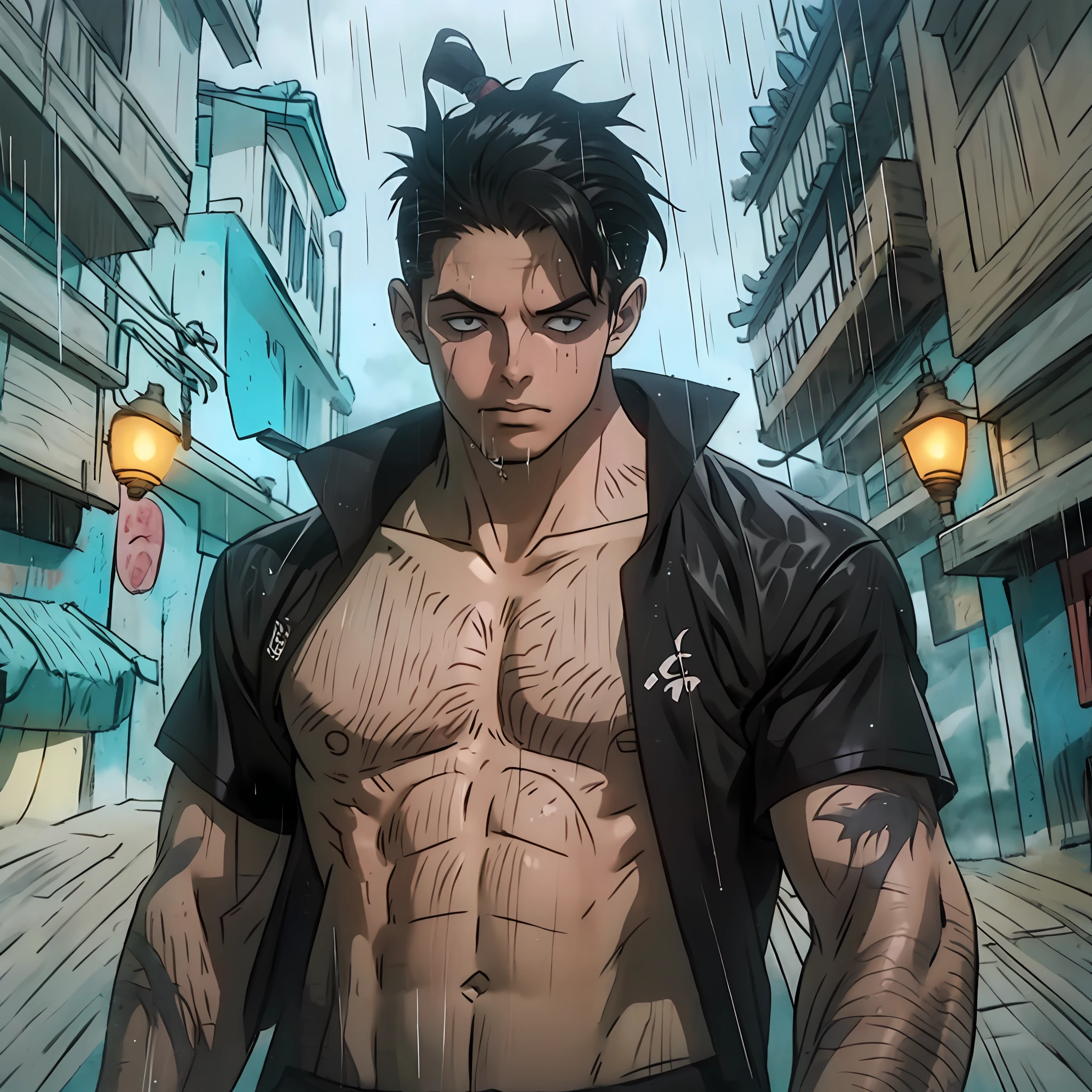 1.3) Homem muscular, Dress with black Japanese style clothing, maneja uma Katana, cabelo preto, olhos azuis intensos. (Prompt B:0.7) Fundo de cena noturna, with heavy rain and street lighting. Anatomia perfeita, right proportions, cores escuras