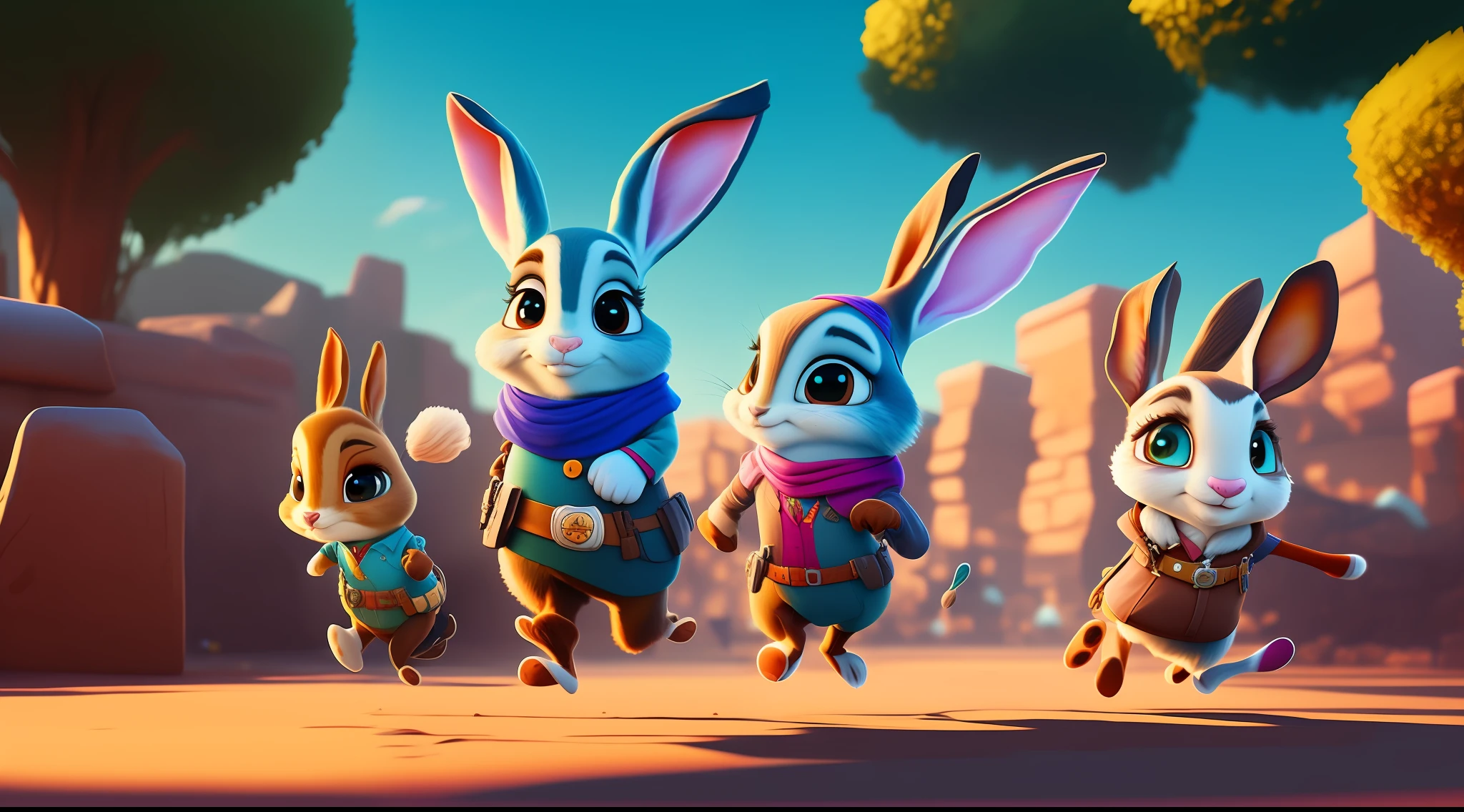 Quartet of cartoon rabbits with scarf and hat while spreadrunning and jumping, em um campo, bonito 3 d render, Rabbt_character, painting digital adorable, cute anthropomorphic bunny, Pixar Zootopia. 3D-rendering, 3 d render stylized, Judy Hopps, bela arte digital, coelho_coelhinho, Coelhos, Judy Hopps de Zootopia, em campo ensolarado --auto
