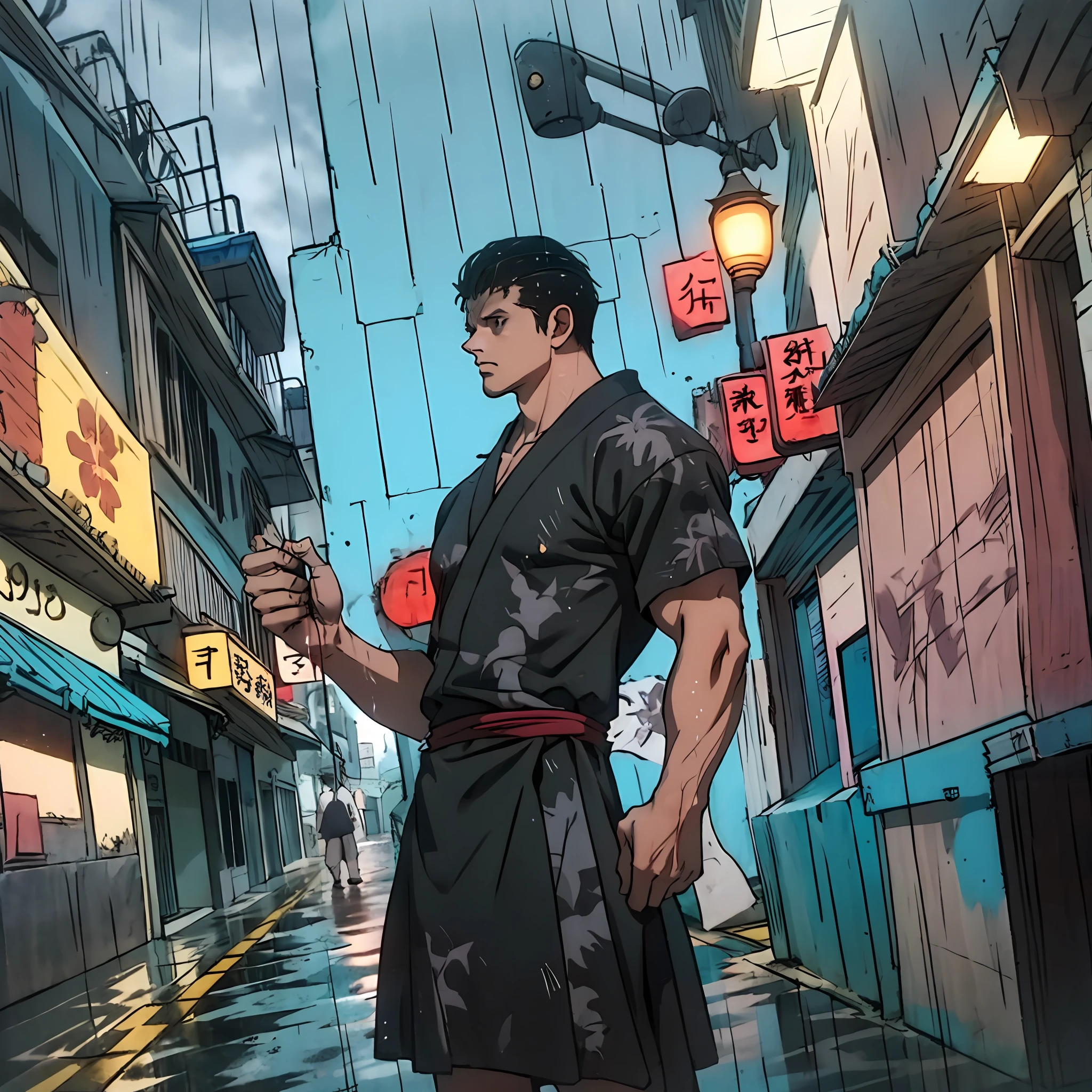 1.3) Homem muscular, Dress with black Japanese style clothing, maneja uma Katana, cabelo preto, olhos azuis intensos. (Prompt B:0.7) Fundo de cena noturna, with heavy rain and street lighting. Anatomia perfeita, right proportions, cores escuras