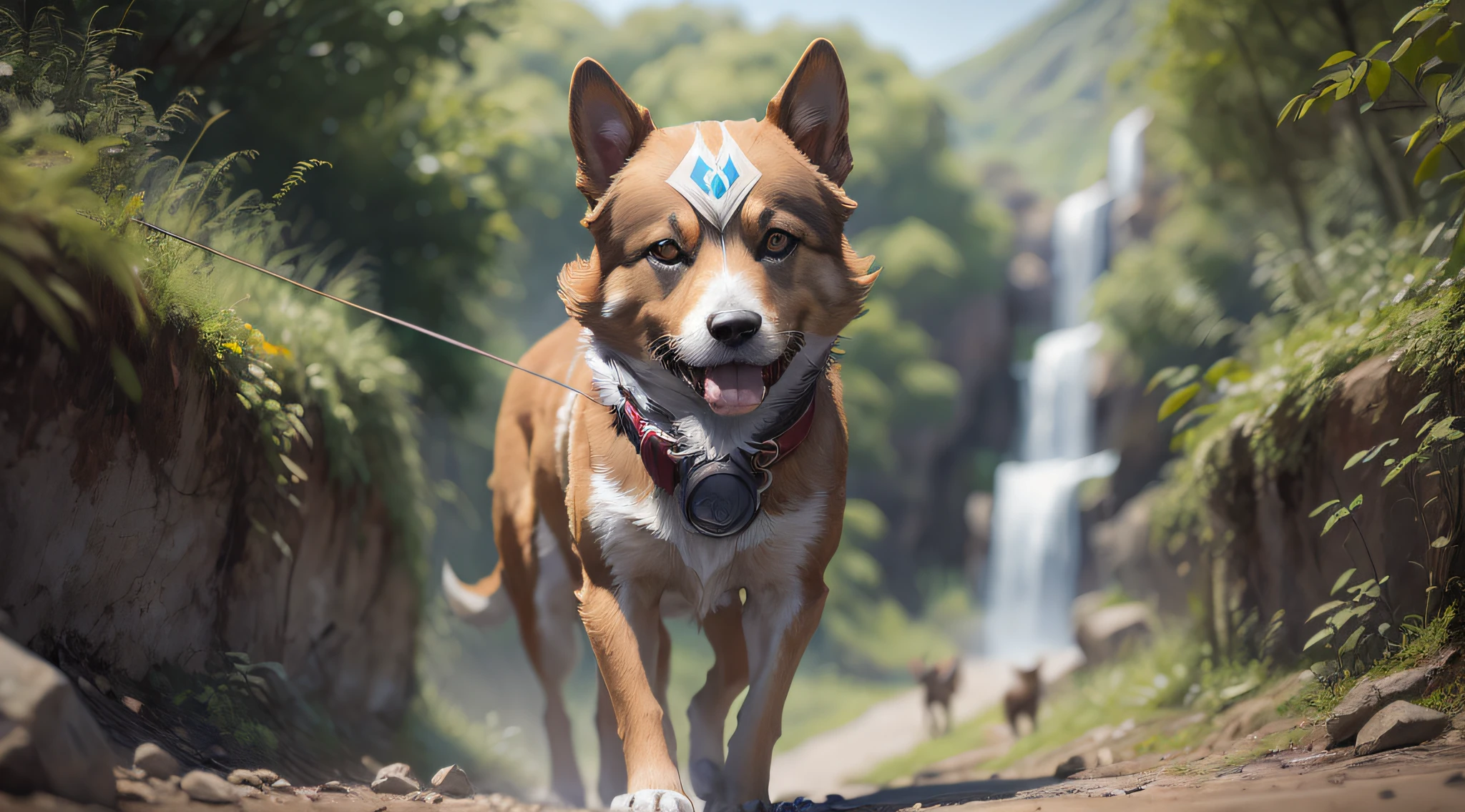 there is a dog that is walking down a dirt road, aventura render hiper realista, Koda Kazuma, arte conceitual altamente realista, Makoto Shinkai ( apex legends ), corgis in no man's sky, arte conceitual ultra realista, um hiper realista, Fursona, um mascote dingo, Kano), Wojtek FUS, ( cane ) saltos da montanha