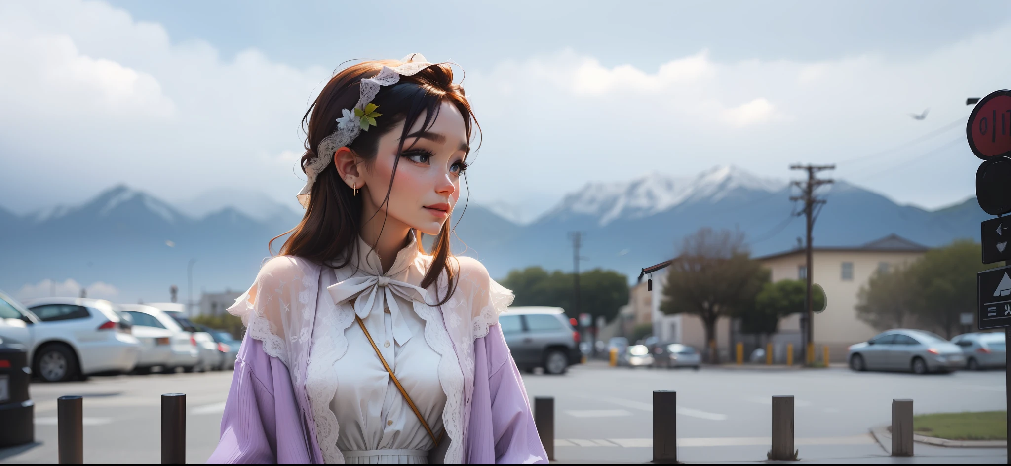 A woman on a street corner,,The anime wears a light purple dress,The best quality,A high resolution,8K,1girll,(),daysies,brightly,exteriors,(the street:0.8),(a person,crowd of:1),(Lace-trimmed skirt:1.5,Purple clothes:1.5,purple high-neck dress:1.5,sleevelessdress,Light purple cloth 1.5),opulent,(forehead,The long-haired:1.5),Beautiful Details Sky,beautiful earrings,(dynamicposes:0.8), (The upper part of the body:1.2),gentlesoftlighting,winds,Glossy glossy skin,looking at viewert,ssmile,Keep your mouth shut,