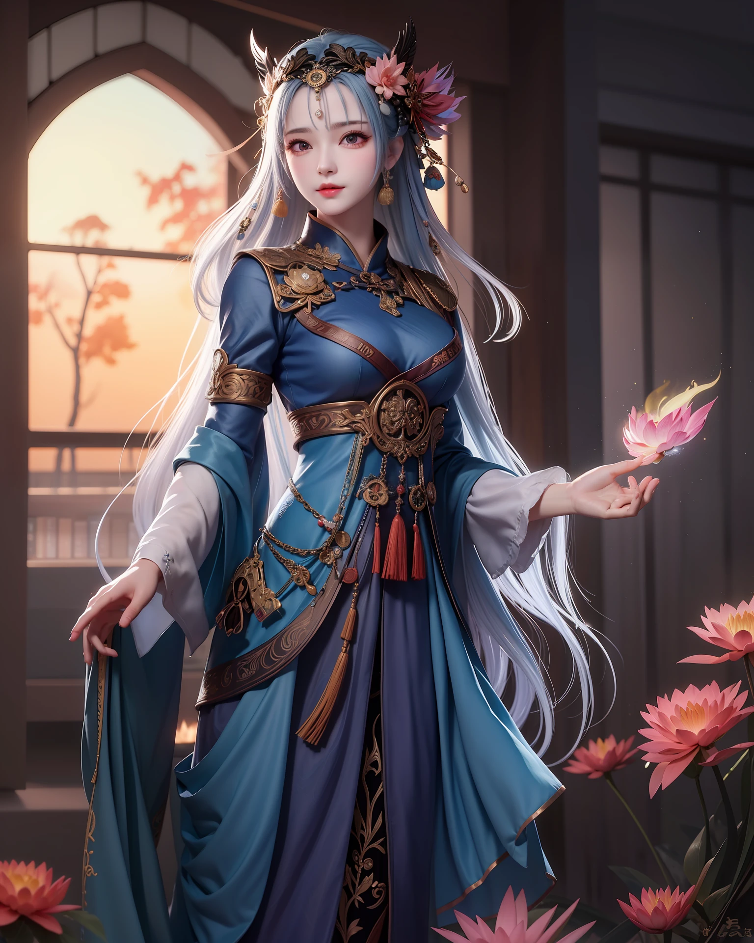 Blue-haired man with black eyes，Nine-colored glazed fire lotus，Black robe，Xuanhei giant ruler