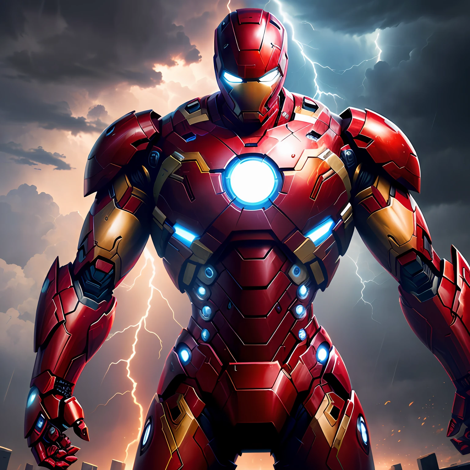 Black and gold Iron Man vs. red mech Spider-Man，Black sky，dark stormy clouds，Lightning fell from the sky，8K quality，Full of details