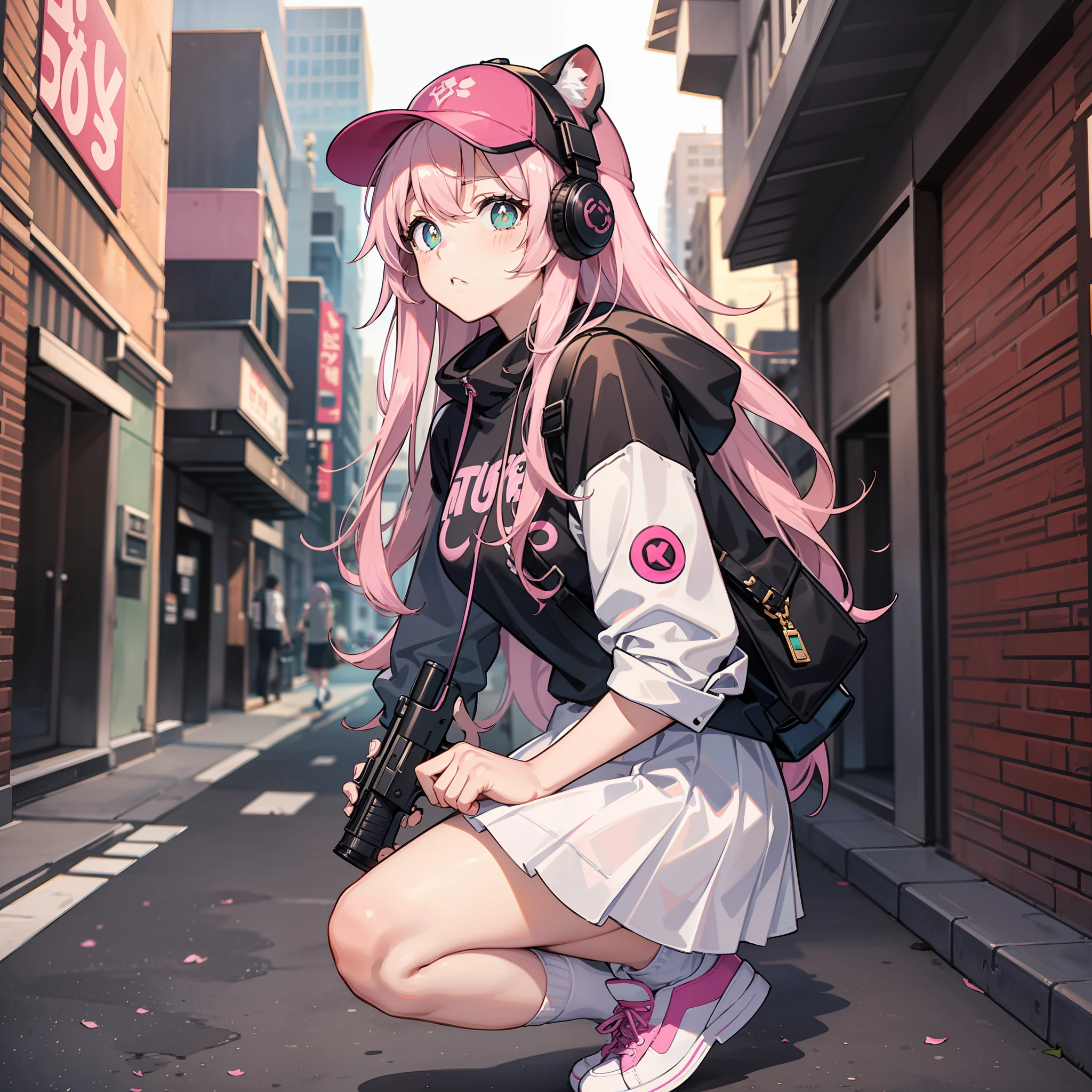 A young girl，Pink Long Hair，Dull hair，Green-purple pupils，Tiger Tooth，Pink sweatshirt，white  skirt，White knee-length socks，Black high-top canvas shoes，Armed with pink assault rifle，Shady style，city ruins background