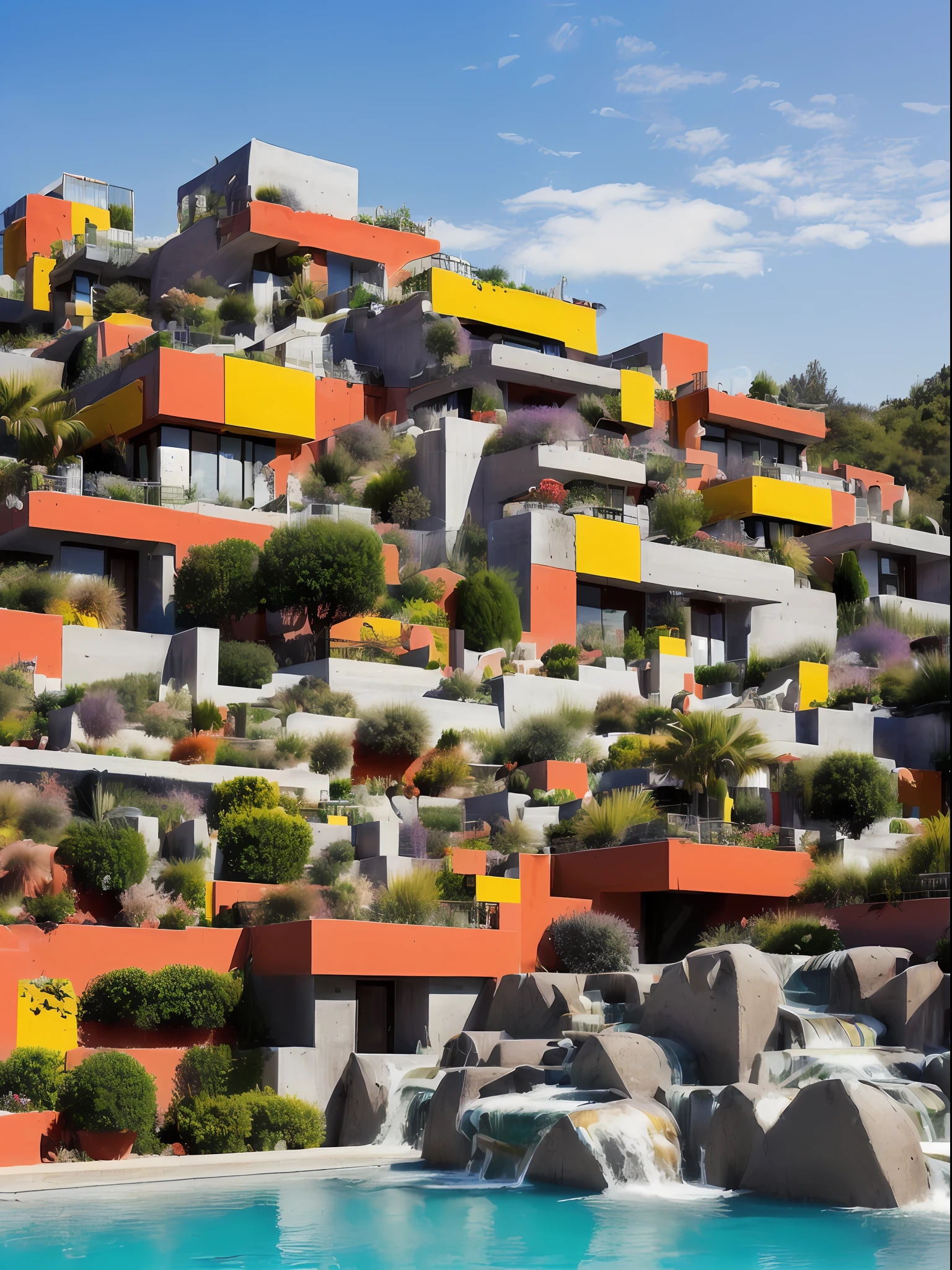 A (((concrete))) (building), with (((multiple terraces))), ((((Luis Barragán's architectural style)))), ((with brutalism influence)), in sunset, ((((on top of rocks with (((cascade))))))), ((((a garden with laberintic composition)))), (collor palette ((blue)), (violet), green, orange, yellow cold grey, white), (sections), trees in background, (((1, 1, 2, 3, 5, 8, 13, 21, 34))), moon, amazing clouds, cute, new, fanzy