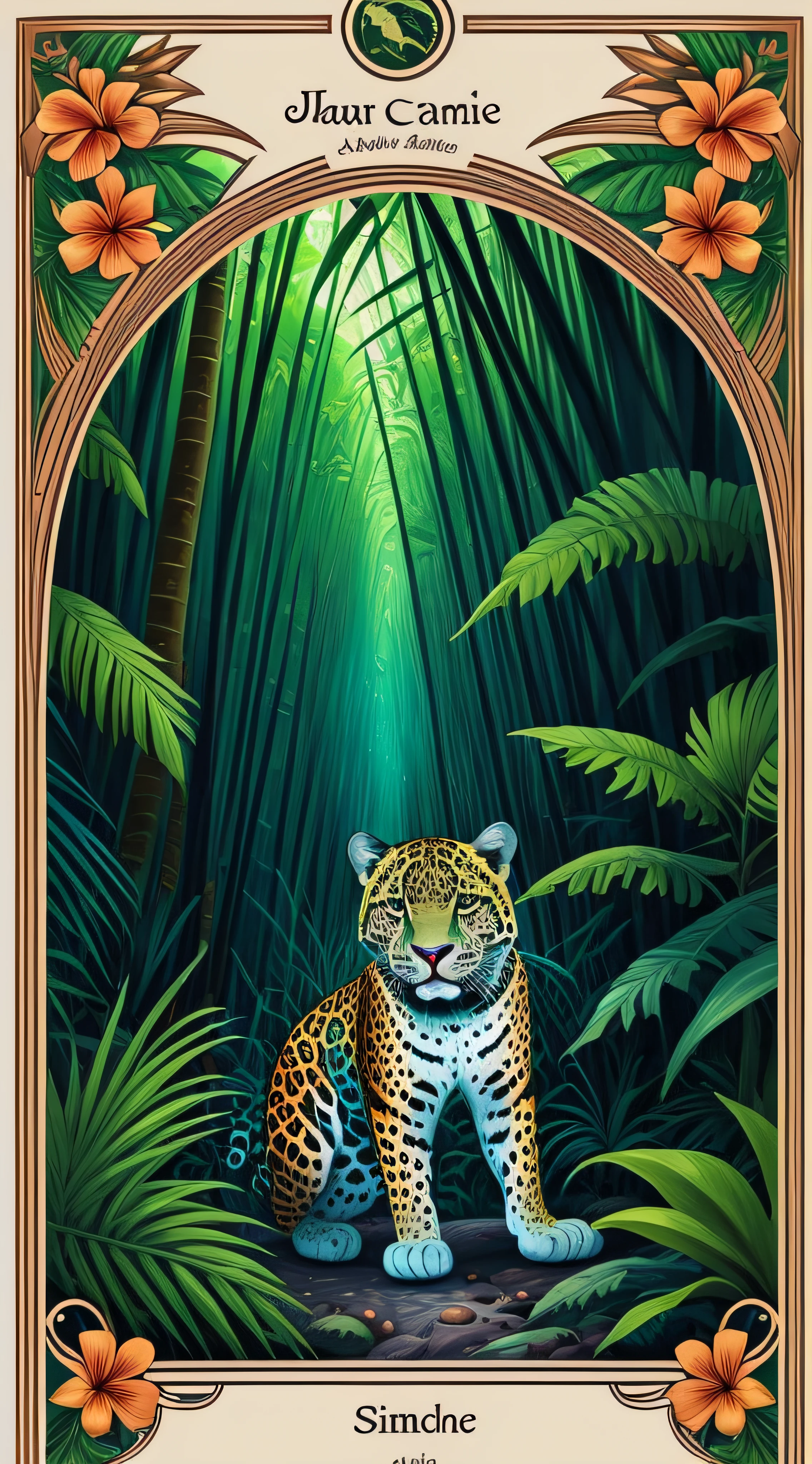 high detailed tarot card style with a jaguar and realistic tropical flowers, in a jungle with simmetrical frame around --auto