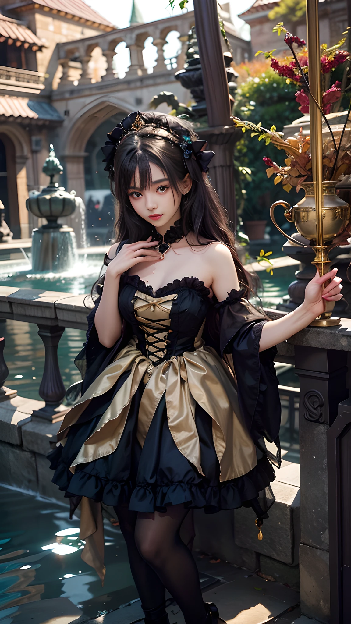 there is a woman in a dress that is standing near a fountain, dreamy dress, fantasy style clothing, fantasyoutfit, lovely dark autumn princess, fairycore, rococo dress, Dreamlike、Ethereal、Darkness, victorian gothic ****ta fashion, romantic gown, ethereal fairytale, wearing fantasy formal clothing, black gothic ****ta dress, gold brocaded dark blue clothes