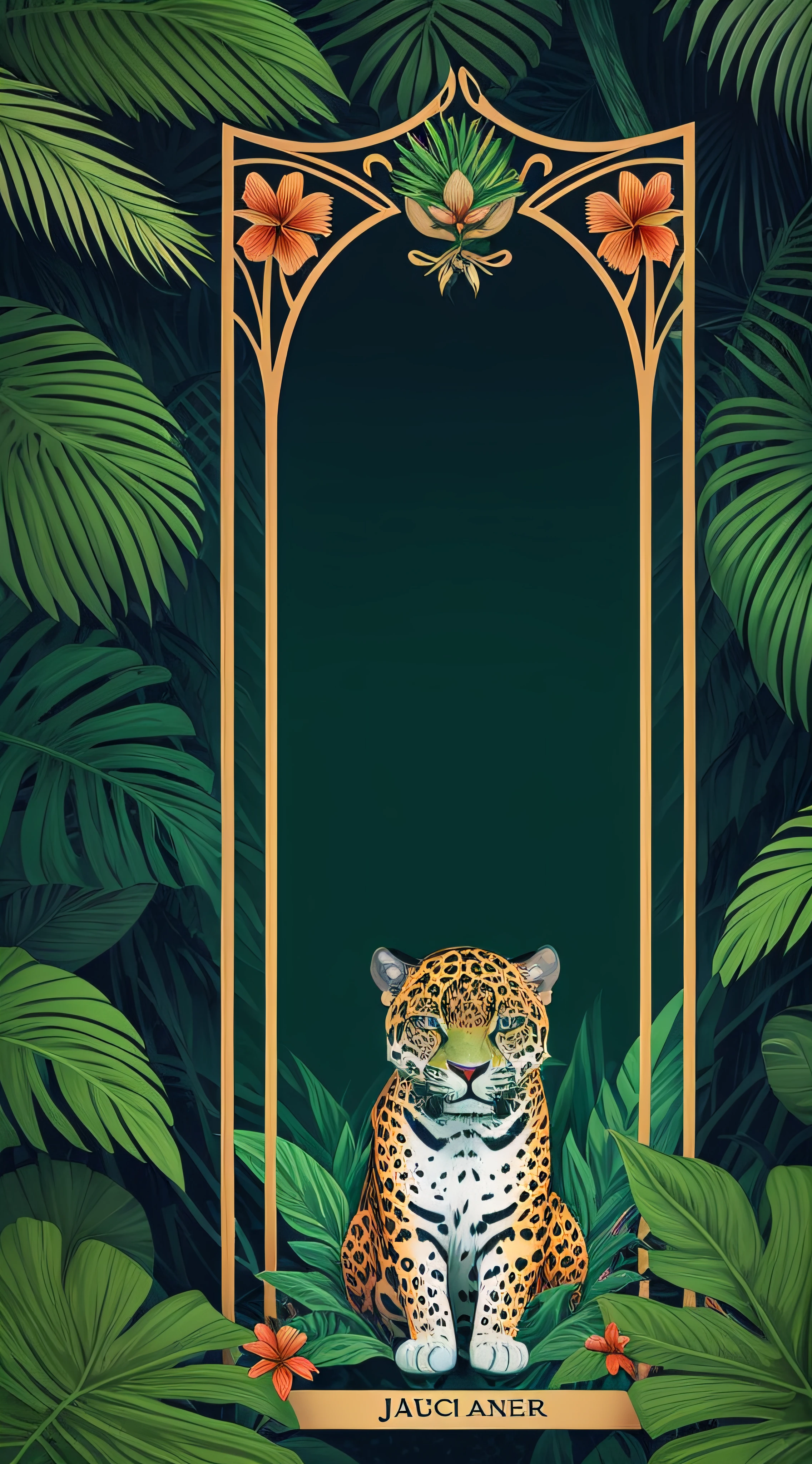 high detailed tarot card style with a jaguar and realistic tropical flowers, in a jungle with simmetrical frame around --auto