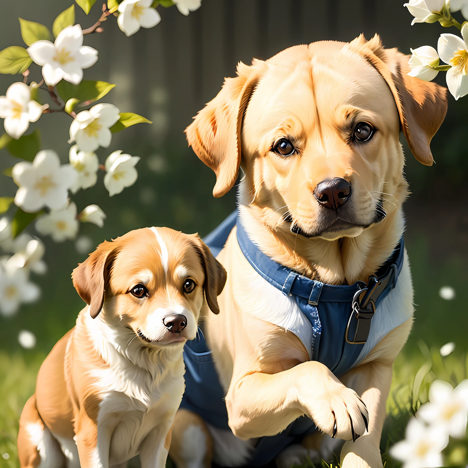 Yellow dog、vests、largeeyes、adolable、glomy、bblurry、two hand,white blossoms、Realiy、depth of fields、Depth shadows,(deep colour:1.4)