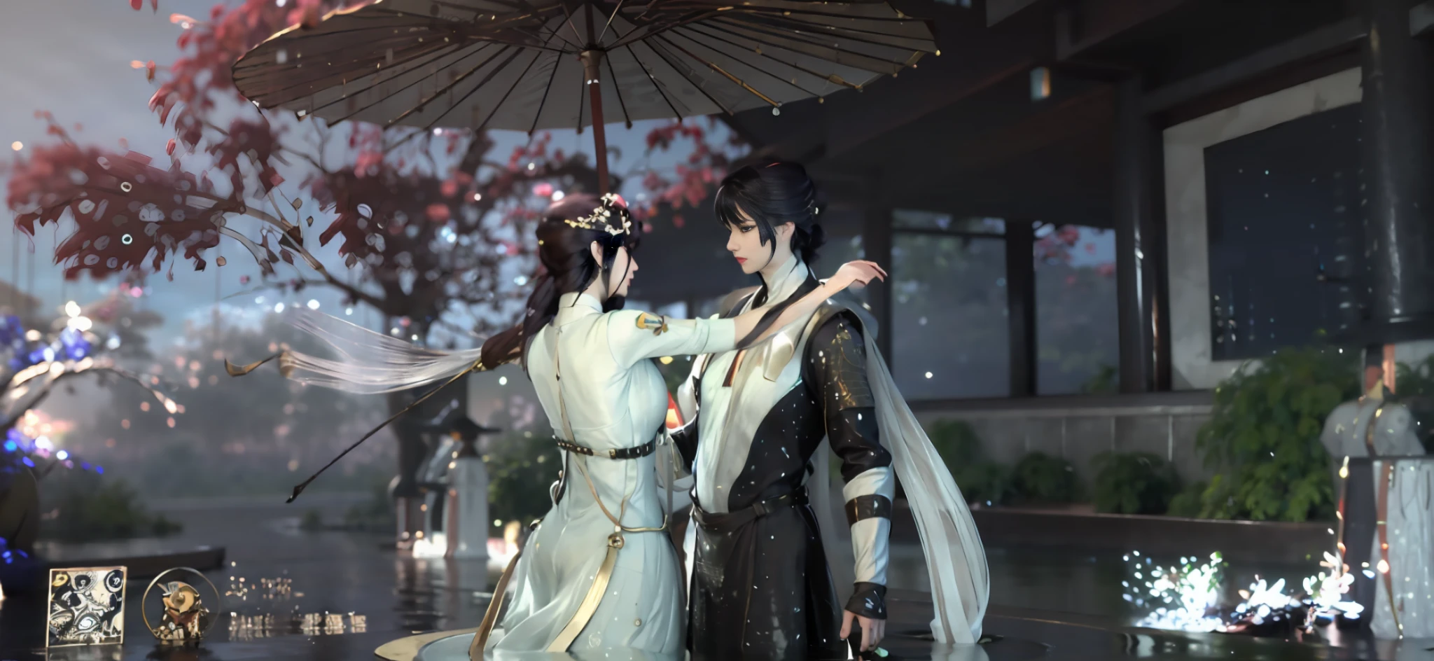 Anime martial artists walking in the rain wearing Chinese armor and flowing robes,elegant cinematic pose,White Hanfu,Pale and colorful skirts,yiqiang and shurakrgt,nixeu and sakimichan,Details of wearing a white robe,Ambient,A drizzle,The picture is clear,Beautiful and wonderful。 --auto