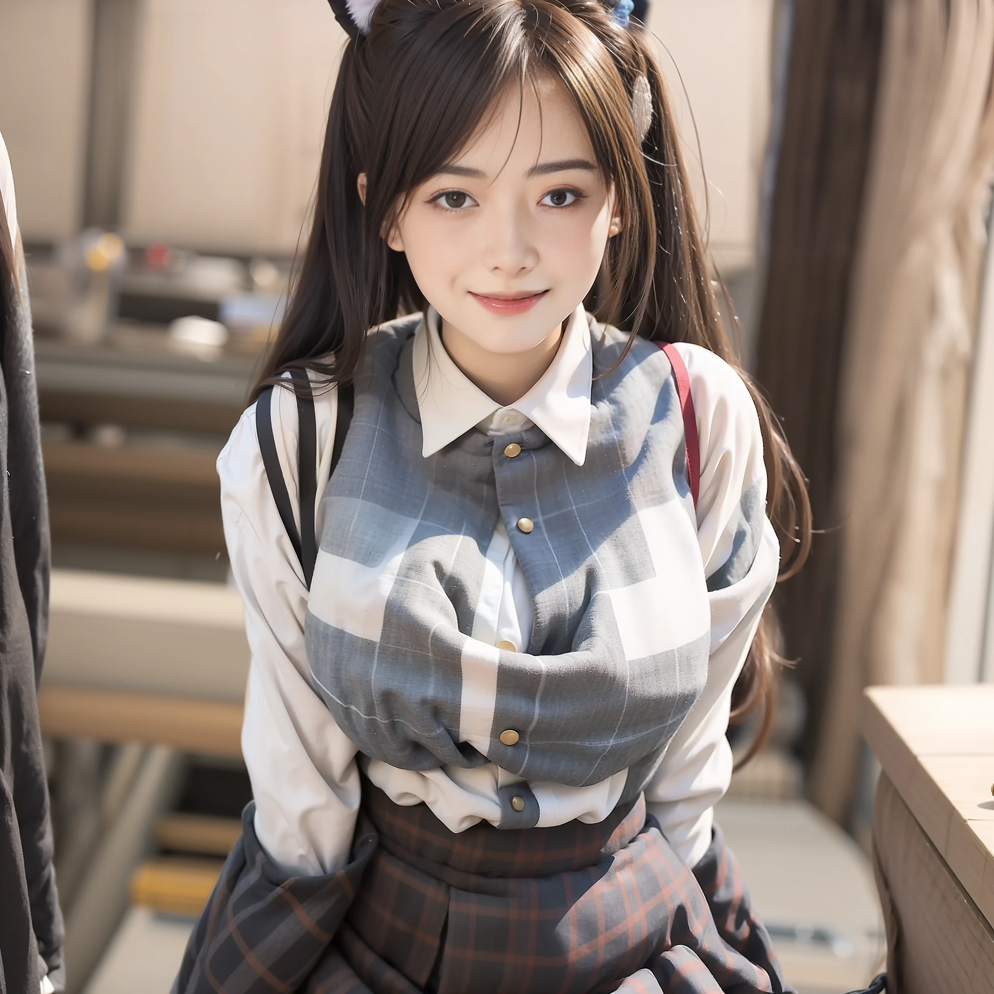 A young cat girl with a white blouse and a plaid skirt stands before us. She exudes beauty and sensuality, her elegant posture accentuating her voluptuous figure. Her white blouse hugs her curves, drawing attention to her ample bosom. Her plaid skirt adds a touch of playfulness to her overall appearance. With a confident gaze and a slight smile, she embodies a captivating mix of innocence and allure.