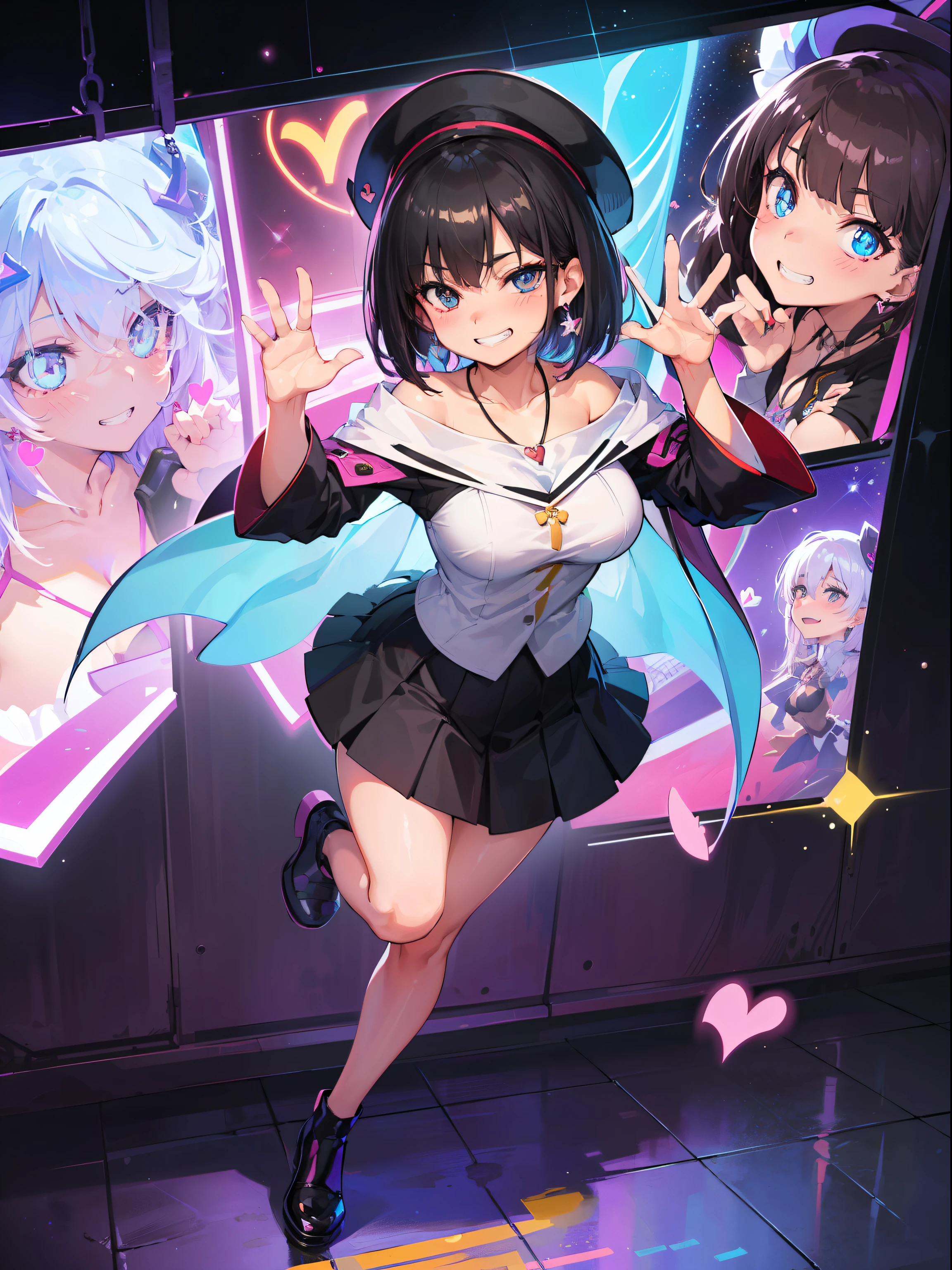 ((masutepiece)), ((Best Quality)), (Ultra-detailed), ((kawaii)), Cute, (lovely), ((Sexy)), (Ero), ((Extremely detailed)), 4K, (8K), Best Quality, (Beautiful), Illustration, Anime style, Painting, Dynamic Angle, Full body, raise a hand, Gradation, full body focus, city, Town, Night, Cute little girl s, 1girl in, (gals:1.2), Solo, Skirt, Beautiful black hair, Beautiful black eyes, ((Beautiful eyes)), White-skinned, short hair1, large full breasts, slim, Slender, hat, earrings, Necklace, Smile, Triumphant look, smug look, self-satisfied look, grin, blush, sparkling effect, Glitter effect, Neon light, shiny-glistening, gleaming, (Heart Effect)