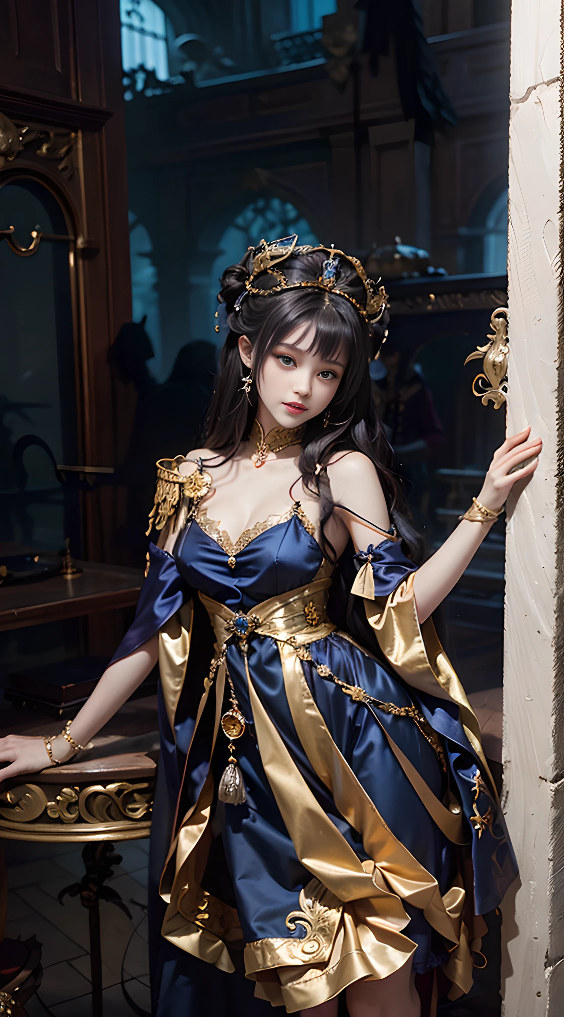 araffe wearing a dress and a crown standing on a balcony, Ethereal beauty, a beautiful fantasy empress, gold brocaded dark blue clothes, dreamy dress, lovely dark autumn princess, ((a beautiful fantasy empress)), Hanfu, fantasy style clothing, dreamlike、ethereal、darkness, beautiful celestial mage, wearing fantasy formal clothing, Ethereal fantasy, astral witch clothes