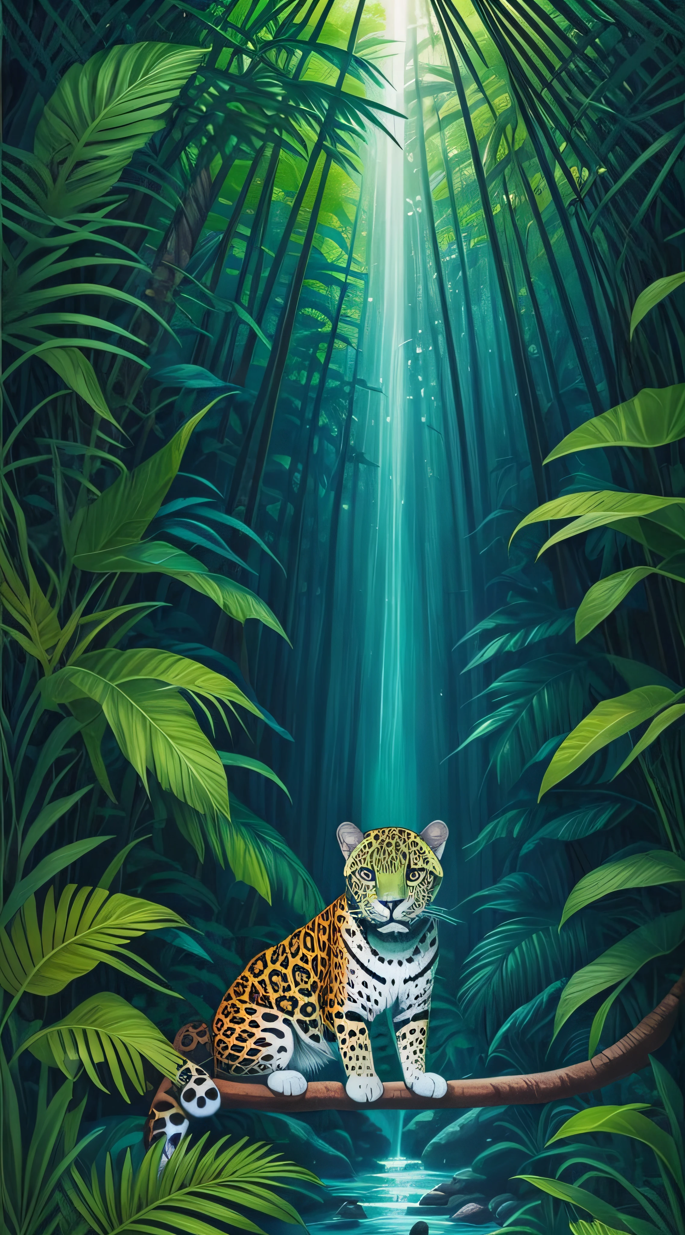 high detailed tarot card style with a jaguar and realistic tropical flowers, in a jungle with simmetrical frame around --auto