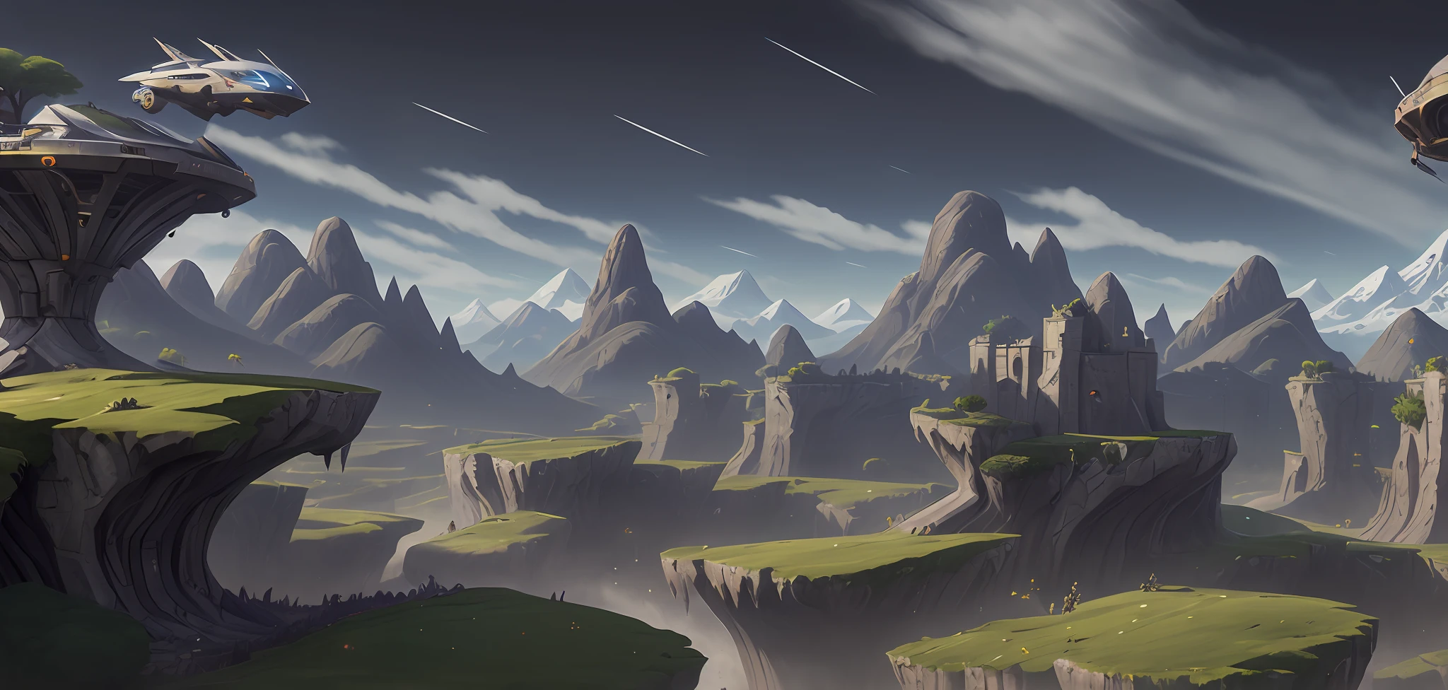 Video game close-up with mountains, avatar landscape, Stylized concept art, stunning arcanum backdrop, fantastic screenshot art, ultra wide gameplay screenshot, gigantic landscape!, lush alien landscape, colorful concept art, alien forest in background, made of tree and fantasy valley, epic landscapes, epic environment, Flying Island in the Sky, background artwork，Magnificent castle，Spaceship，cyber-punk